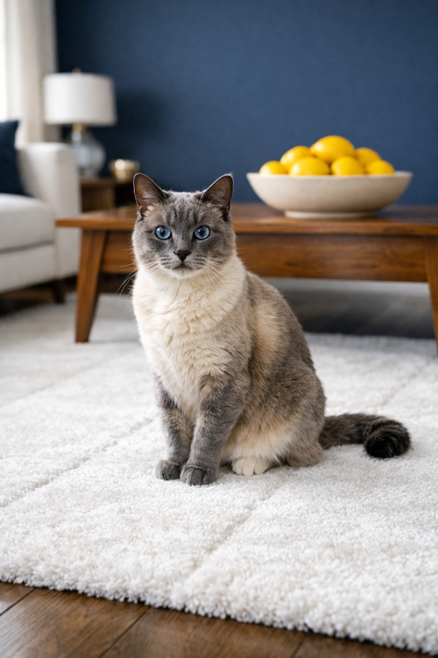 A cat sitting on a freshly vacuumed rug in a pet-friendly home maintained by professional house cleaning services MA.