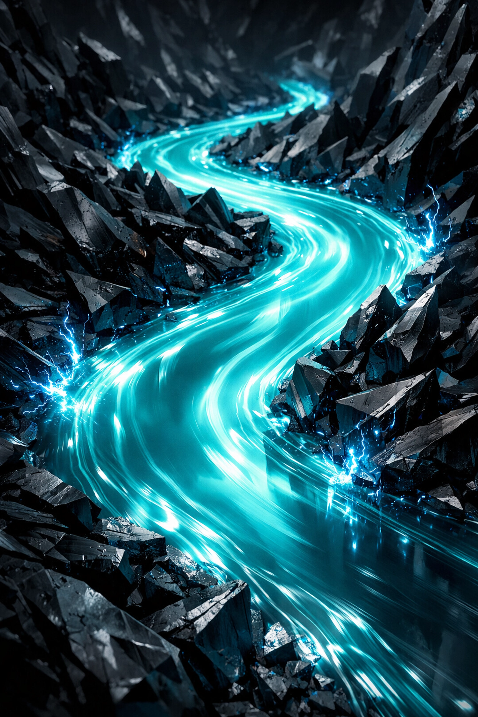 A turquoise river of light illustrating flow states as the path to high performance over frantic hustle.