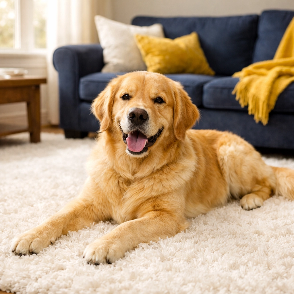 A happy dog on a pristine high-pile rug, showing successful carpet maintenance in a pet-friendly home.