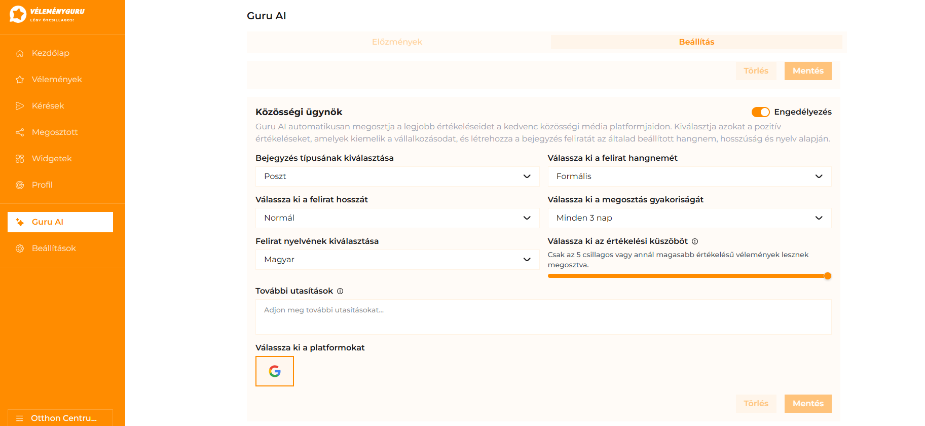VéleményGuru Guru AI beállítási felület