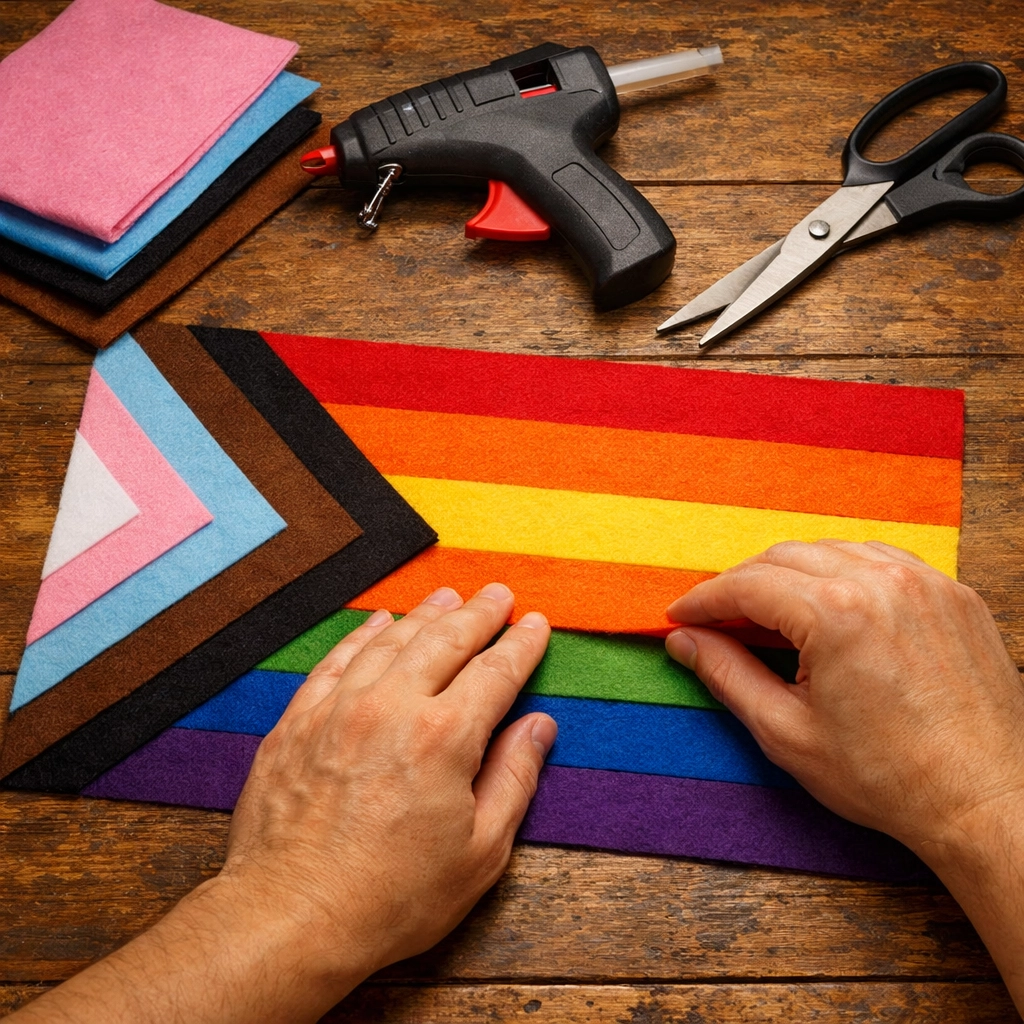 Hands assembling a handmade Progress Pride flag using felt strips and a glue gun for DIY pride crafts.
