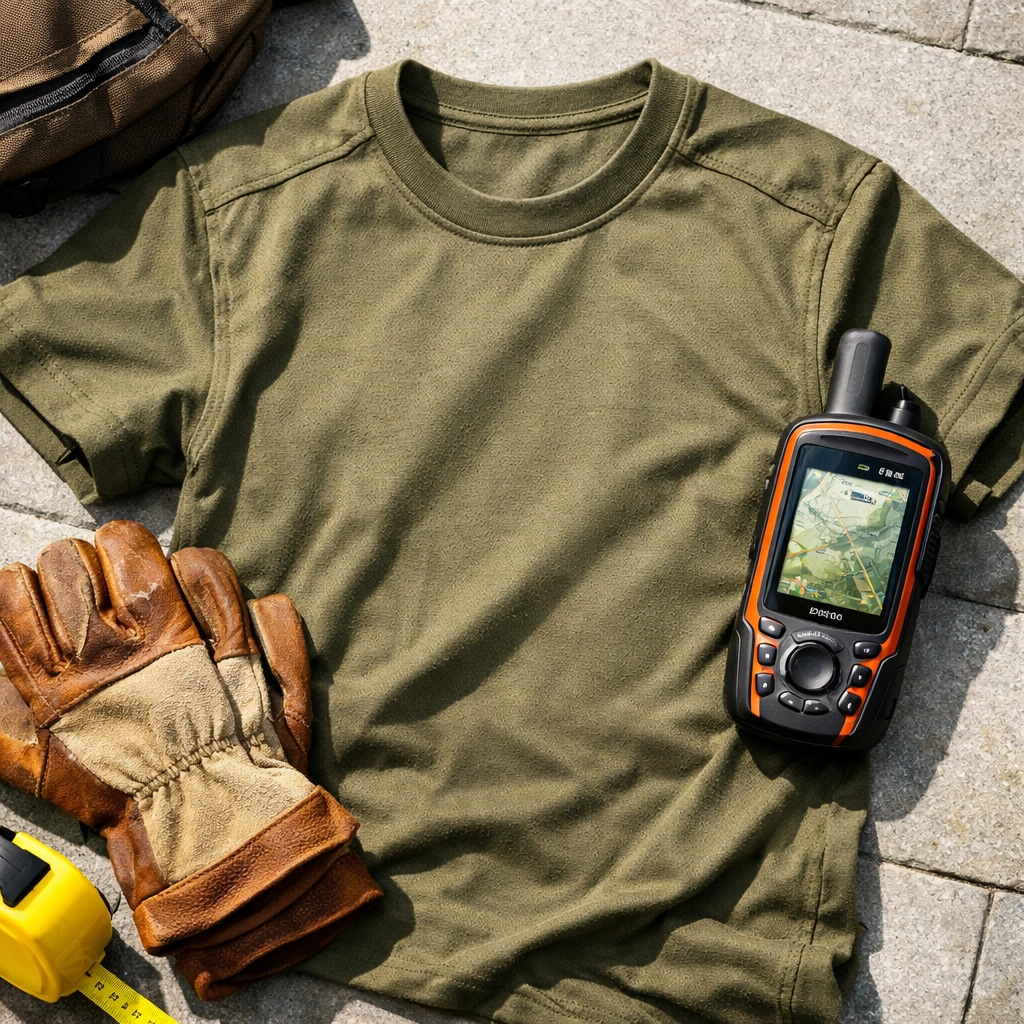 Rugged olive landscaping t-shirt displayed with professional outdoor workwear gear on a stone surface.
