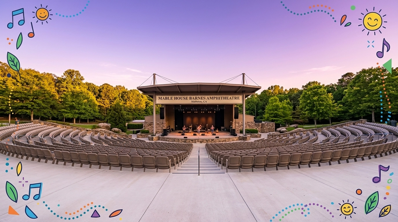 The Mable House Barnes Amphitheatre at sunset with colorful hand-drawn accents