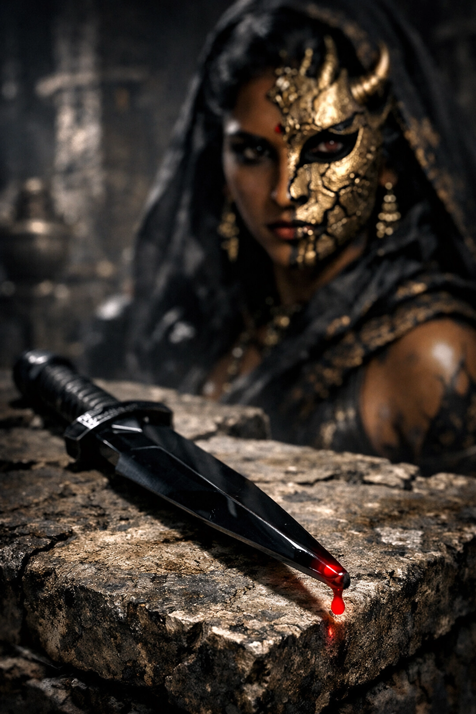 Dark fantasy dagger and a masked South Asian woman representing the Blood Kissed and Asura book series.