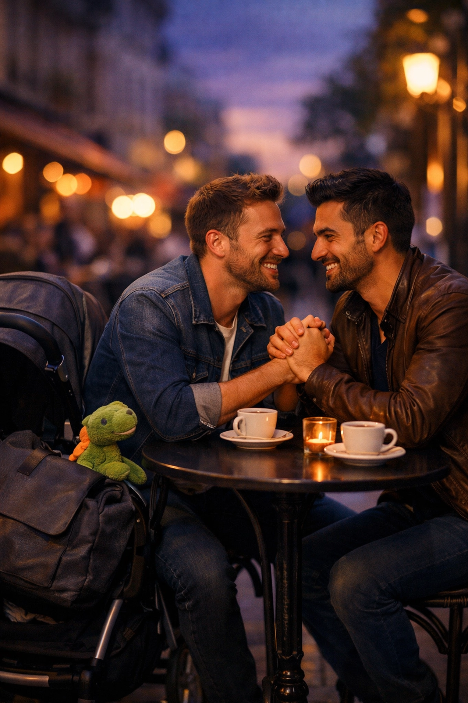 Two gay men on a romantic coffee date with a baby stroller nearby, showcasing dating as a single parent.
