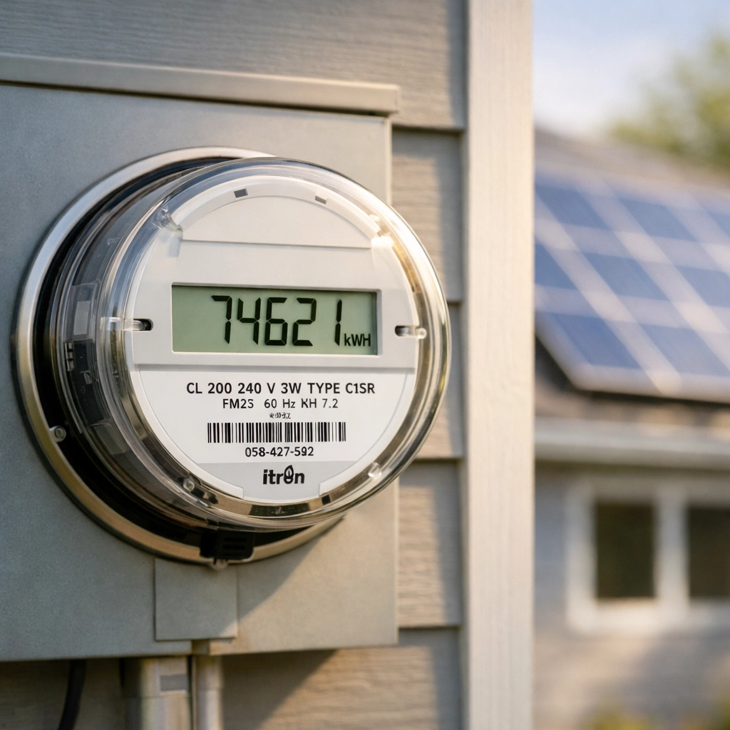 Residential electric meter on Hudson Valley home with solar panels in background