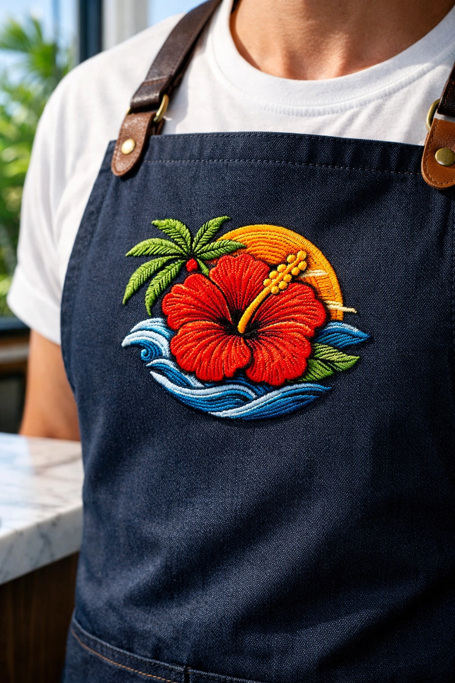 Barista wearing a navy apron with a custom embroidered hibiscus, showcasing professional branding in Kona.