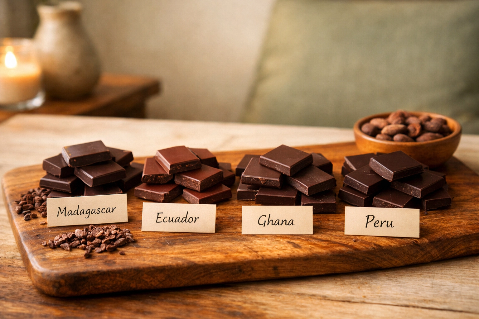 Single-origin dark chocolate squares on tasting board highlighting artisanal bean-to-bar variety