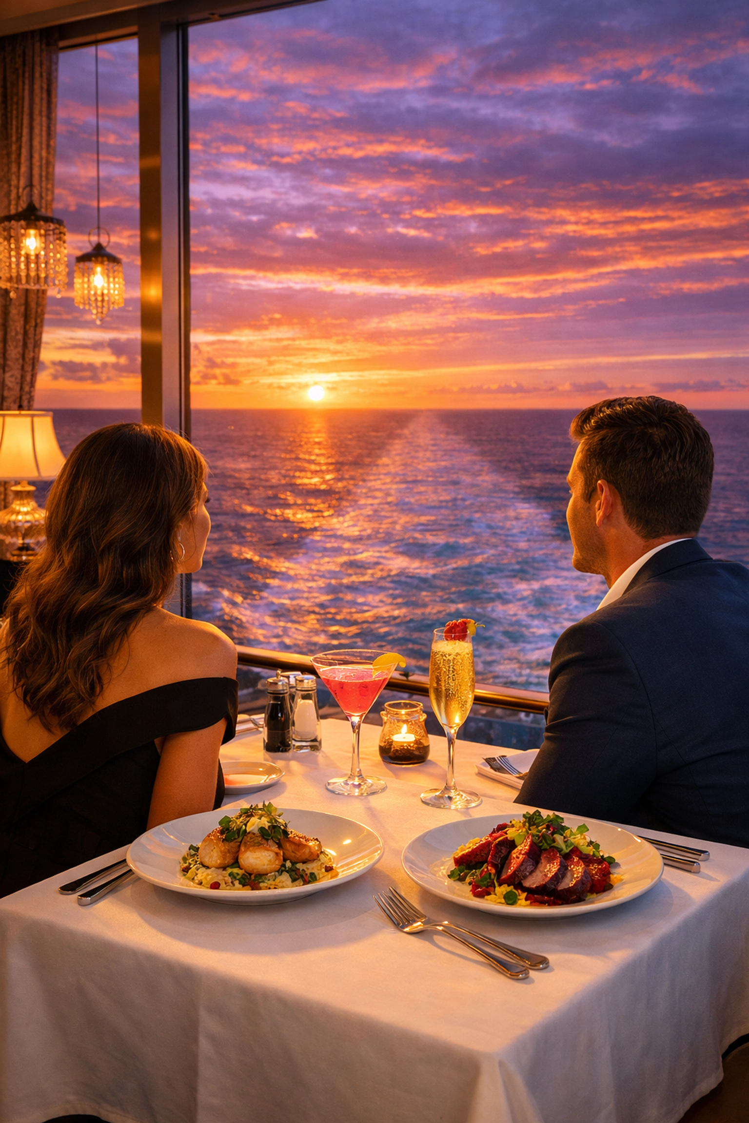 Couple enjoying gourmet dinner and cocktails at a specialty restaurant on a cruise ship at sunset.