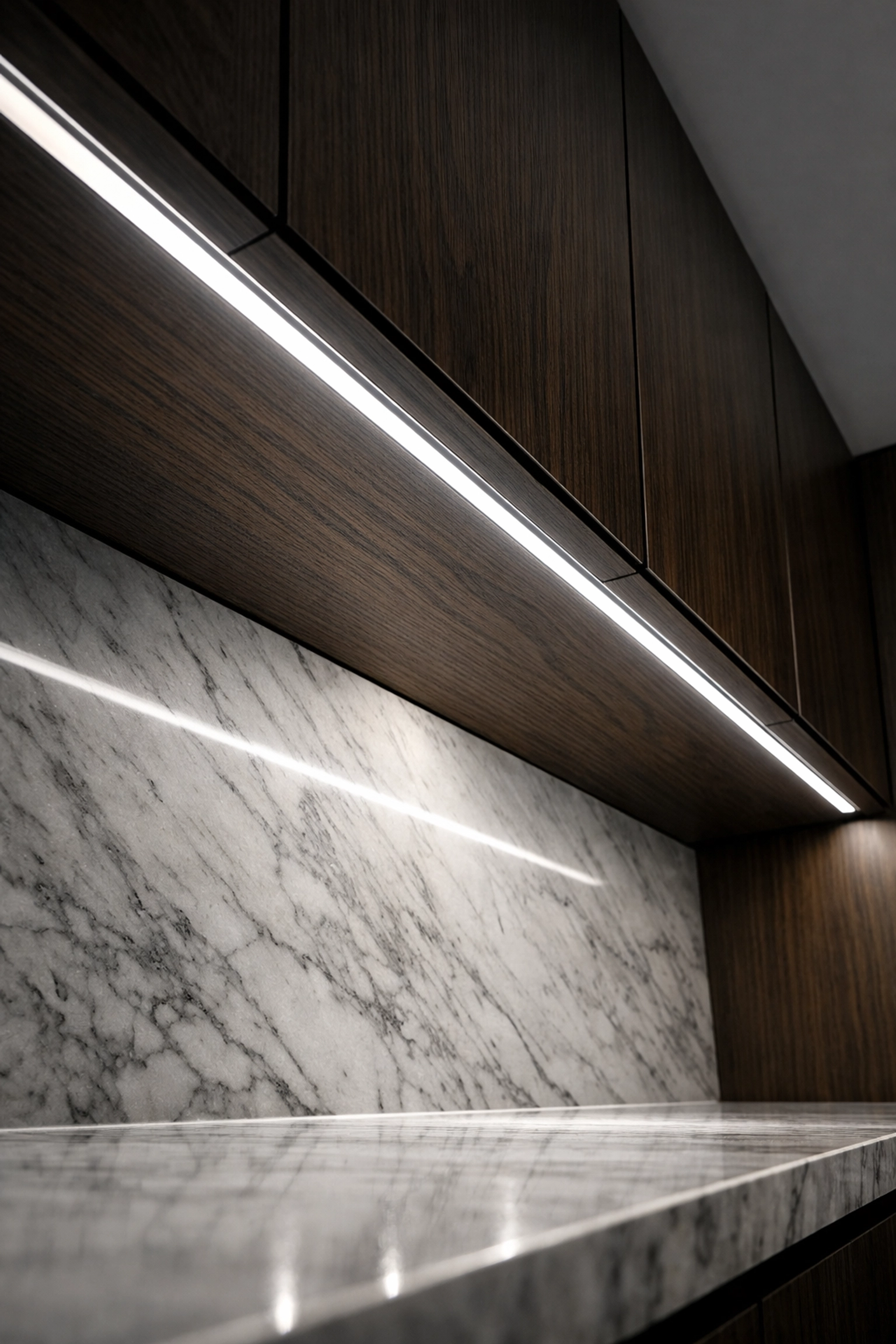 Profilé LED en aluminium encastré sous une armoire de cuisine de luxe.