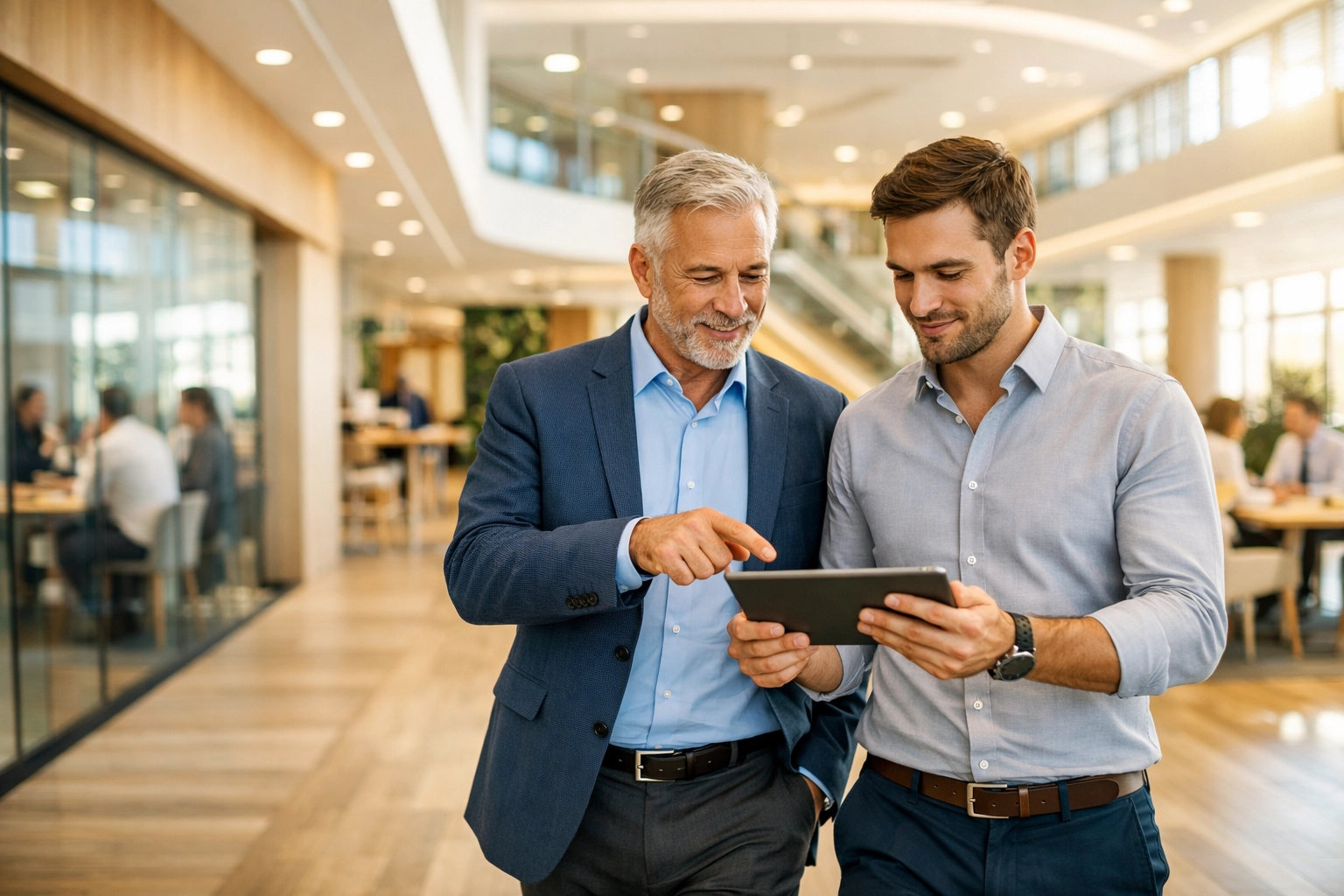 ServiceNow consultants discussing strategic digital transformation and implementation roadmaps in an office hub.