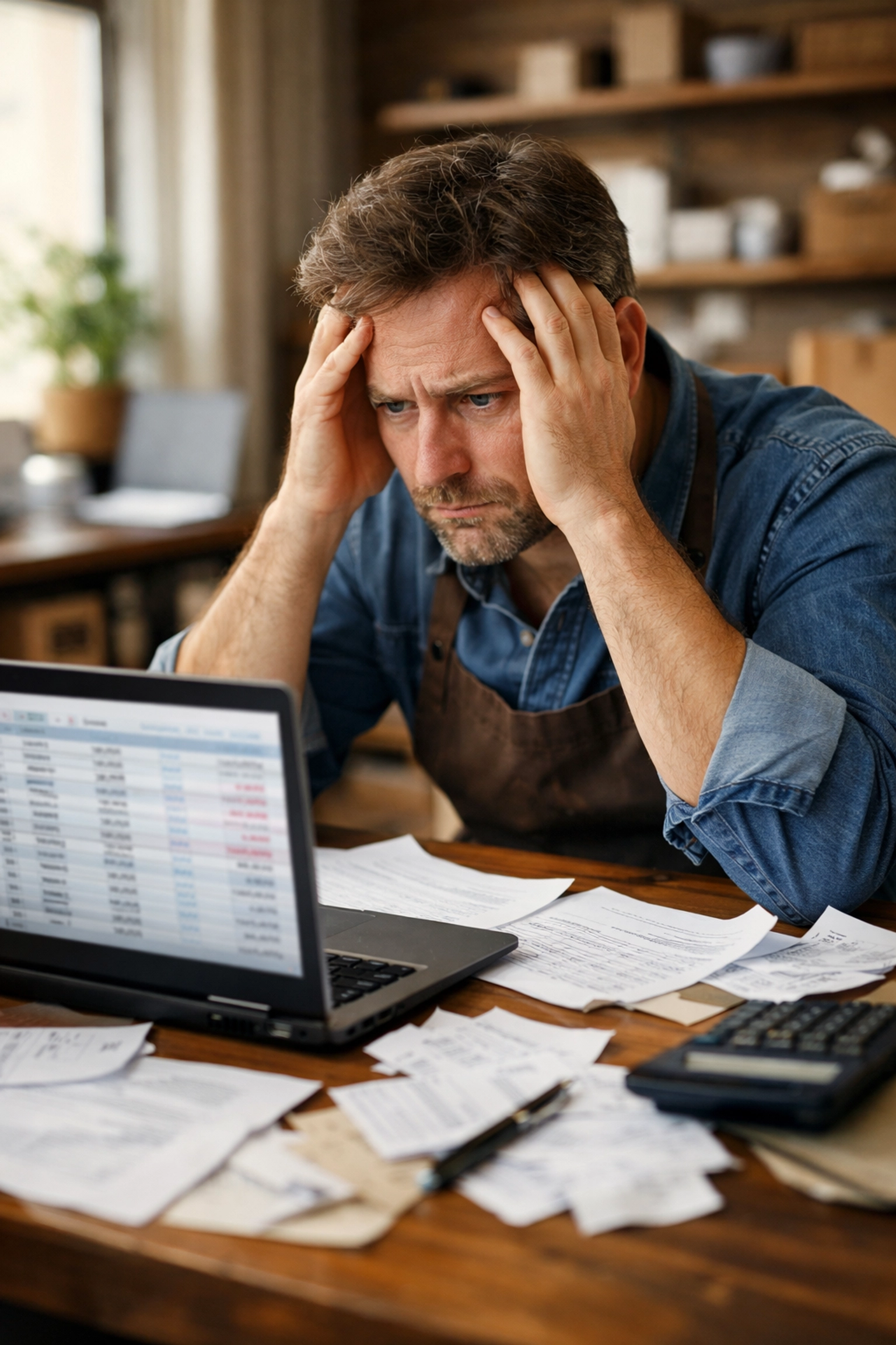Stressed small business owner reviewing finances at desk, frustrated by inconsistent owner compensation Stressed small business owner reviewing finances at desk, frustrated by inconsistent owner compensation