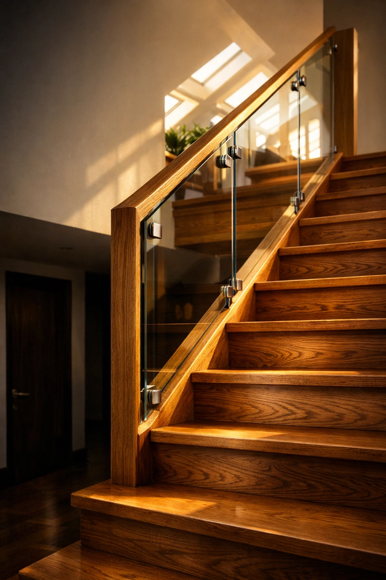 Modern oak staircase with glass balustrade meeting West Sussex building regulations for loft conversions.