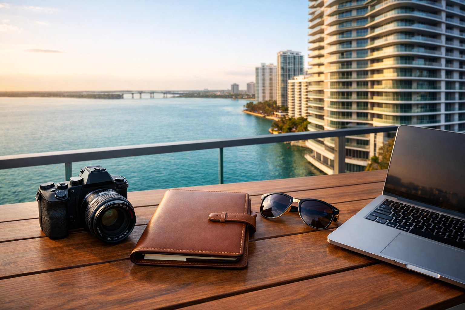 Commercial photographer miami gear and branding props on a Brickell balcony overlooking Biscayne Bay.