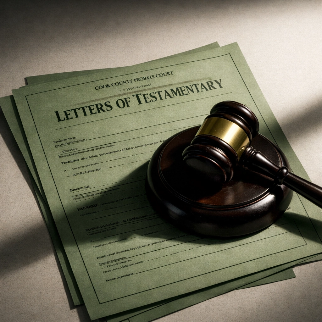 Cook County probate legal documents and gavel for inherited property estate processing