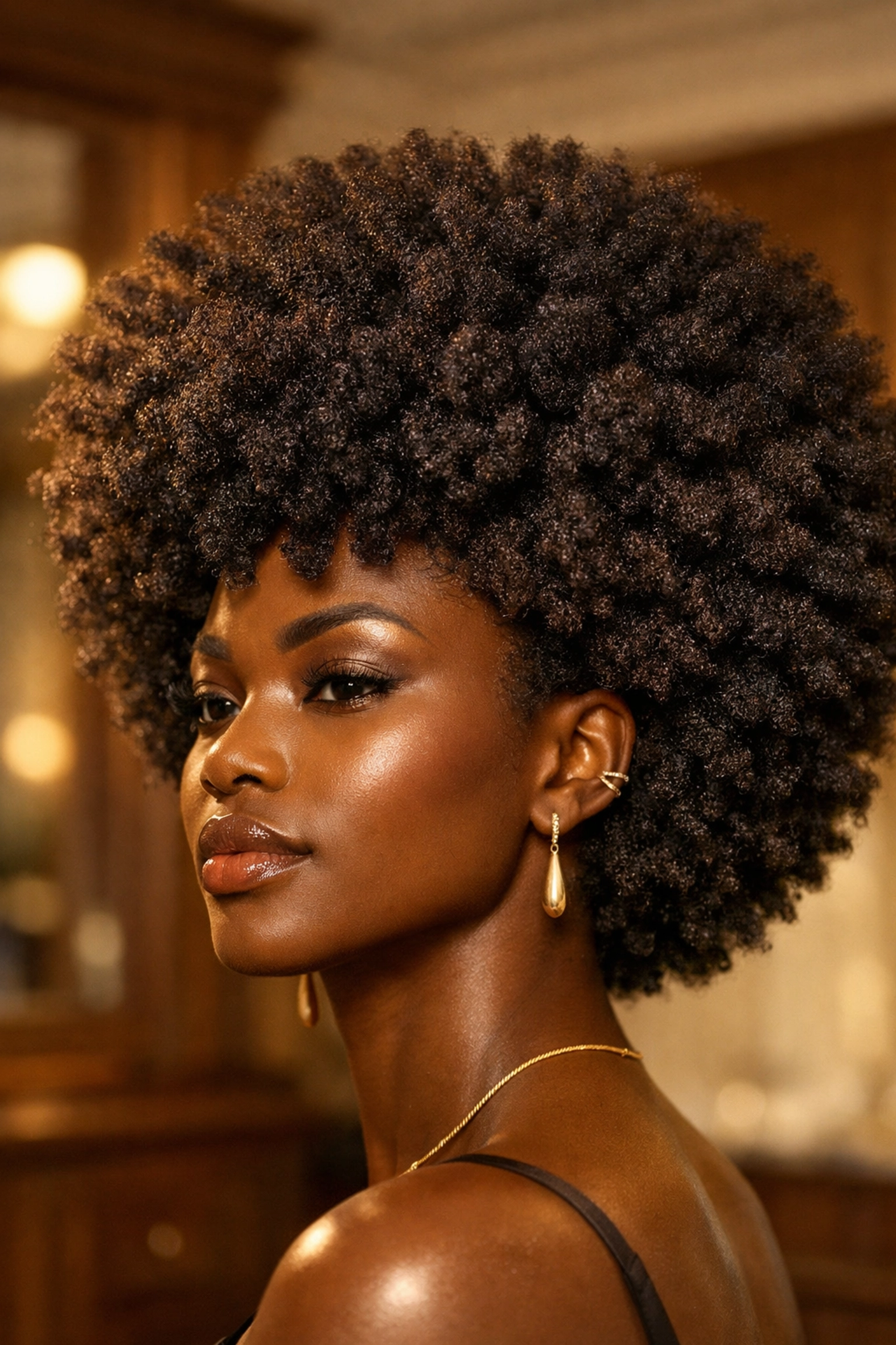 Healthy defined 4C hair coils on a Black woman with a majestic natural afro.