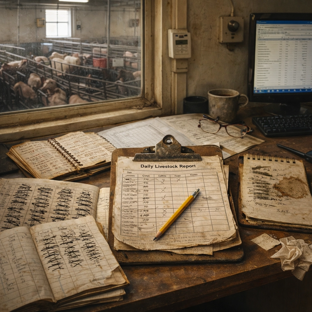 Documentation manuelle agricole avec carnets et fiches papier désorganisés sur un bureau (contexte élevage porcin intérieur)