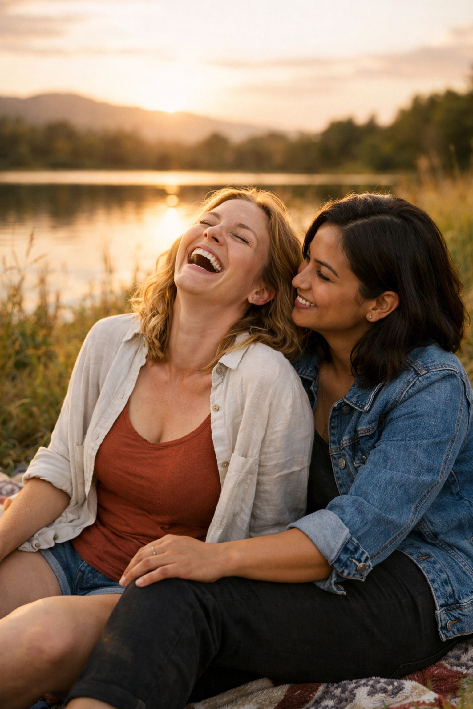 Lesbian couple sharing authentic joy and freedom in peaceful natural setting