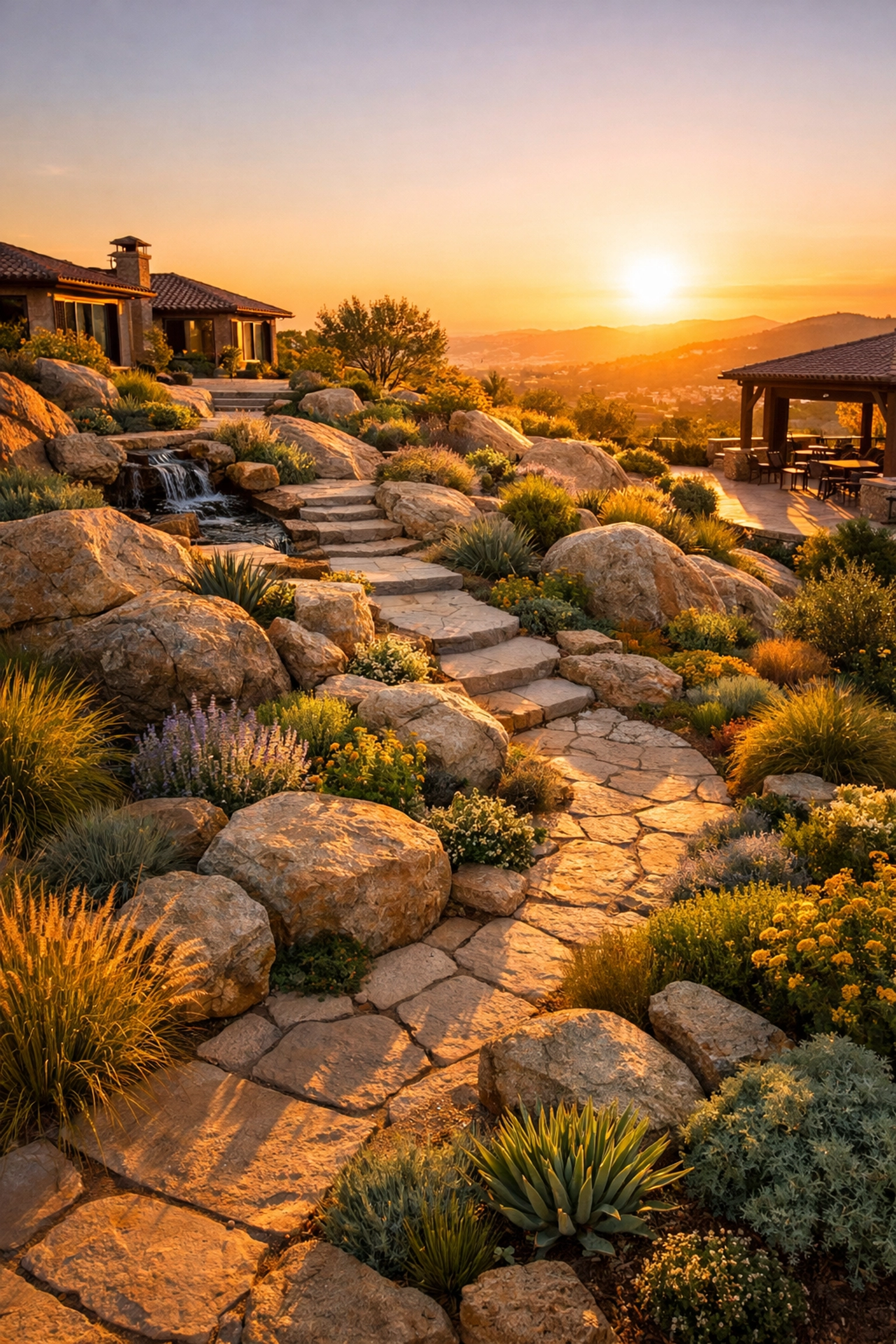Prestigious Clarkston property with low-maintenance native plantings, stone pathways, and natural boulders.
