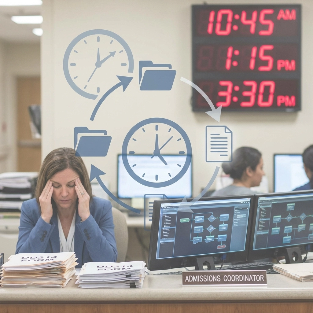 Sequential veteran intake workflow diagram showing DD214 review, VA authorization, bed check, and staff notification steps
