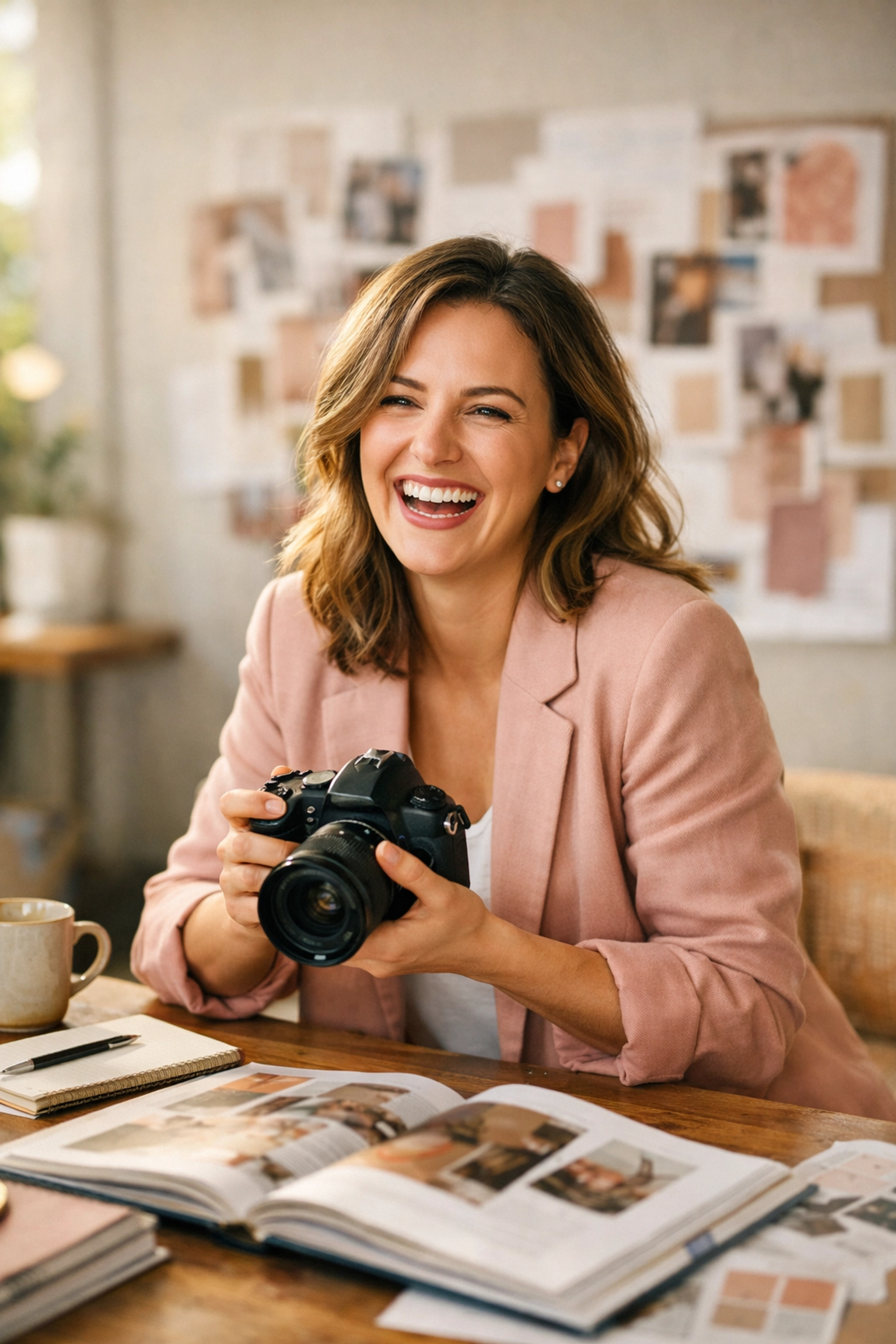 An approachable female entrepreneur in a pink blazer sharing the authentic human side of her small business.