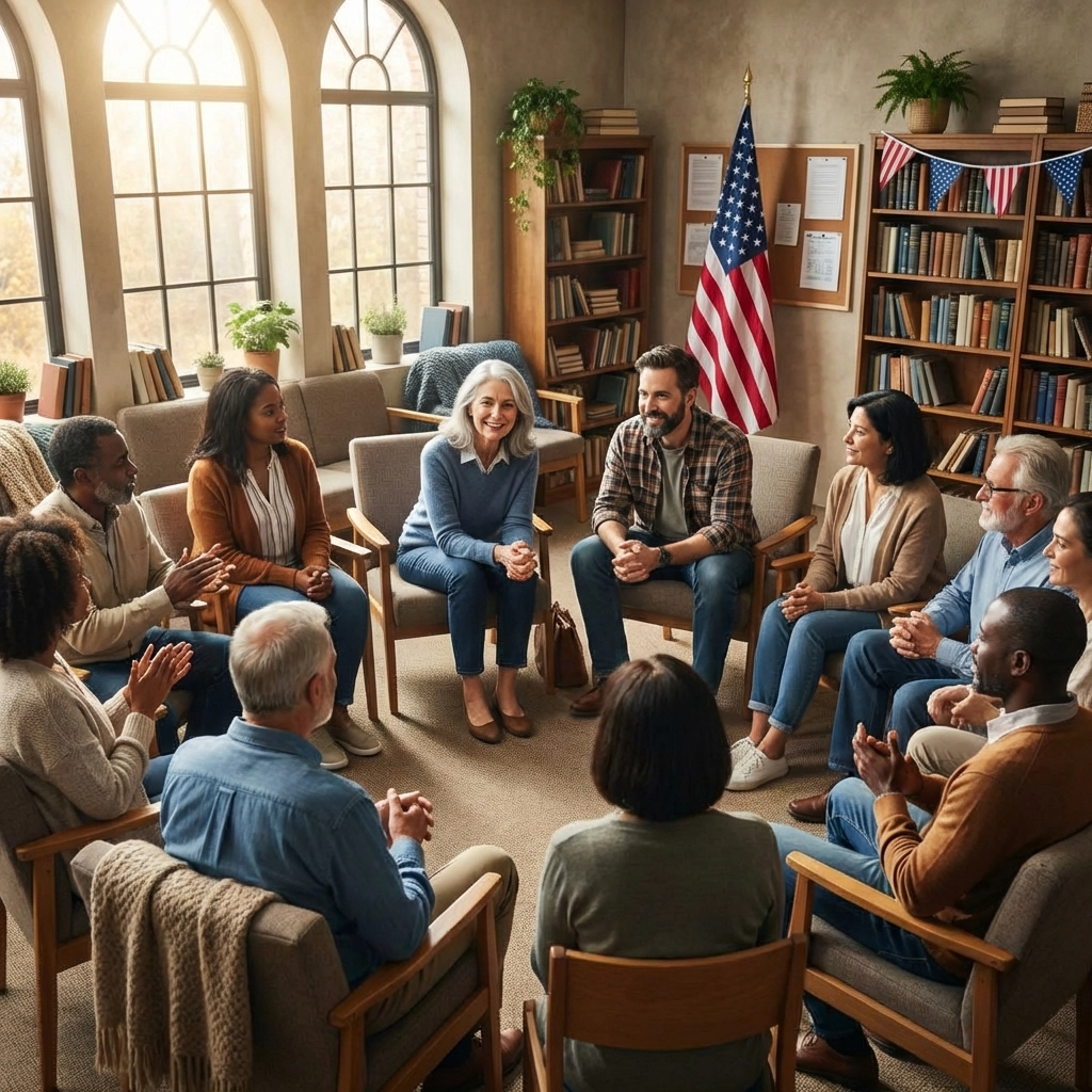 Diverse group of adults in a community center circle engaging in civil discussion about differences