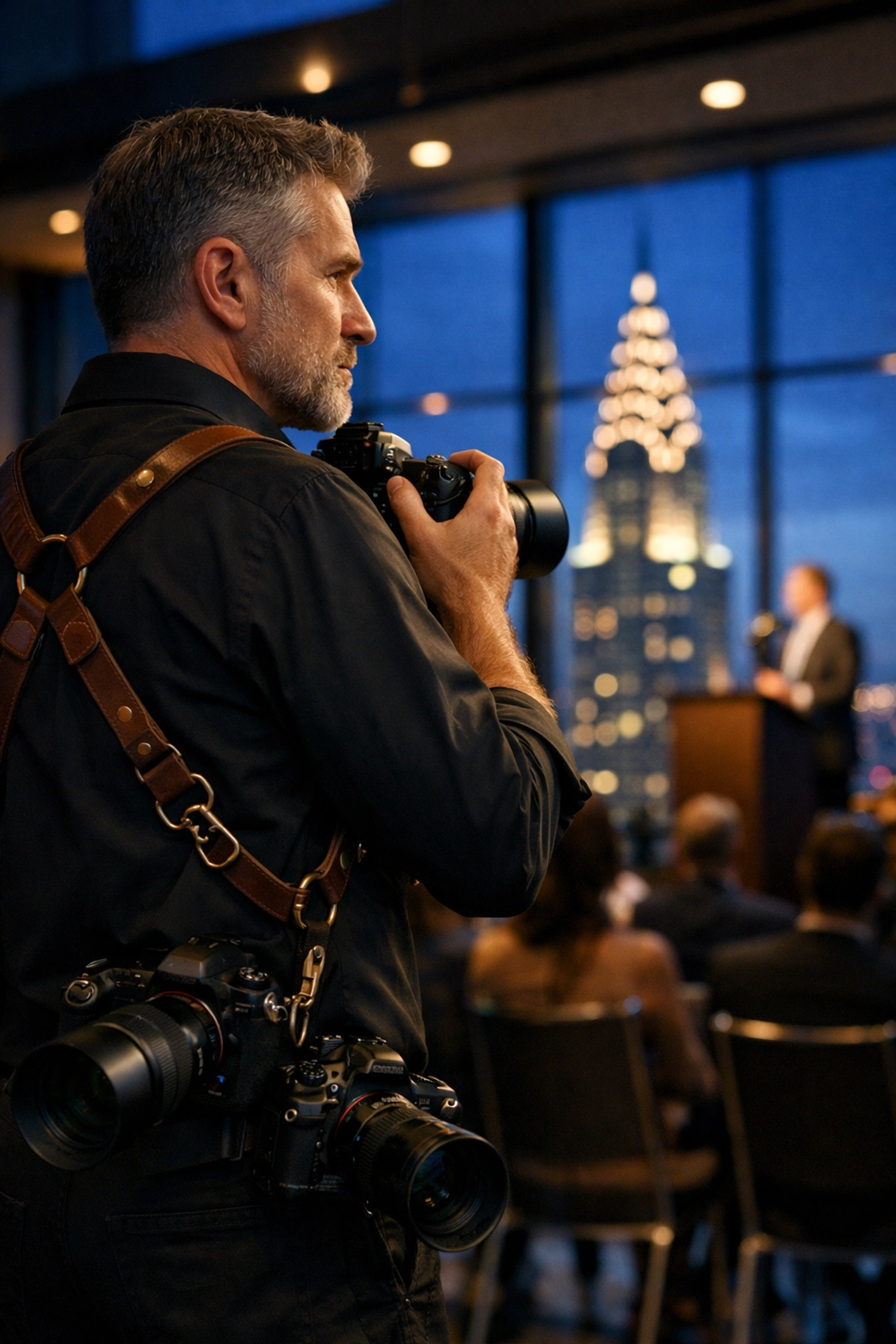 Professional event photographer capturing a corporate conference keynote from a Manhattan skyscraper.