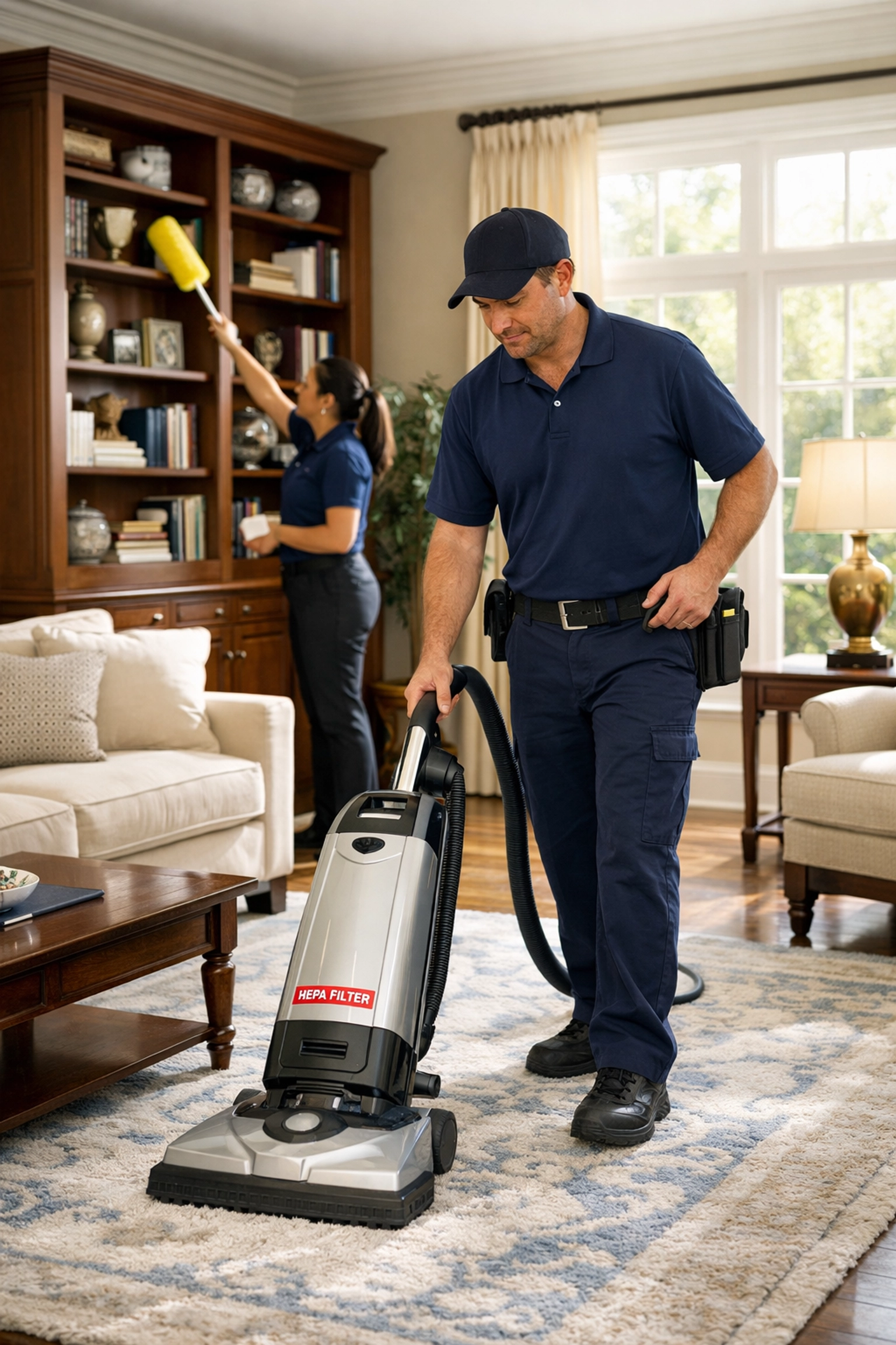 Professional house cleaning services Westchester NY crew vacuuming a luxury living room rug.