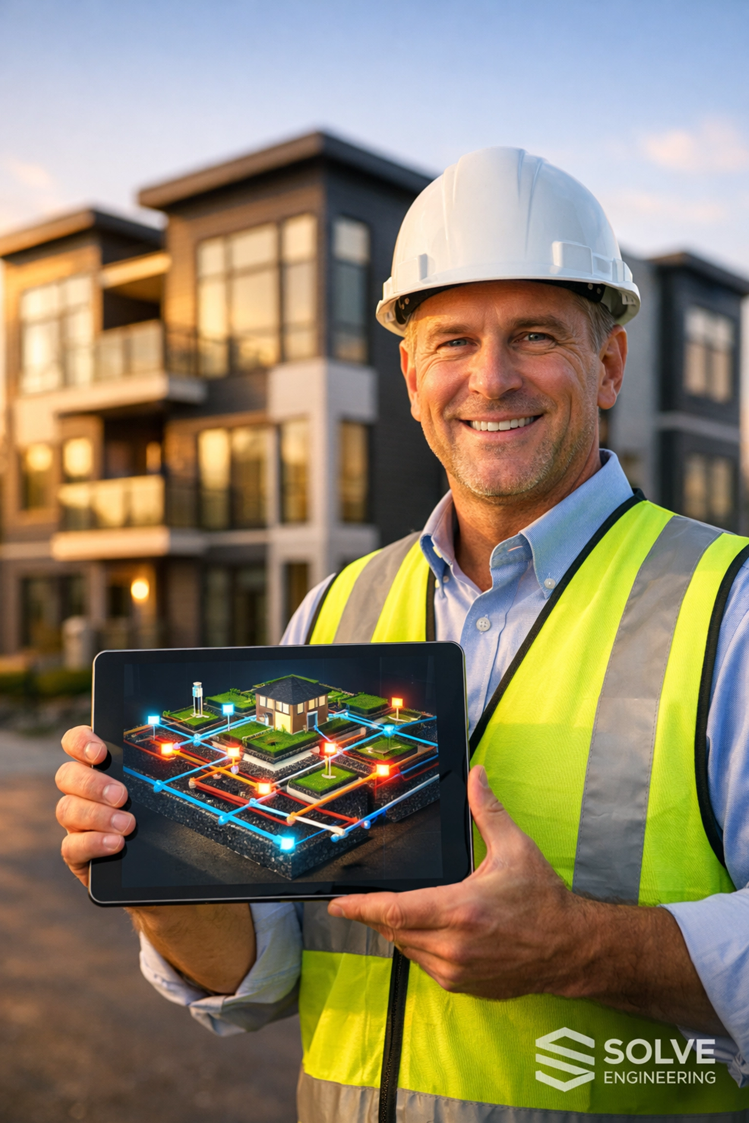 Ontario civil engineer reviewing a digital site servicing model for a new 4-plex building.