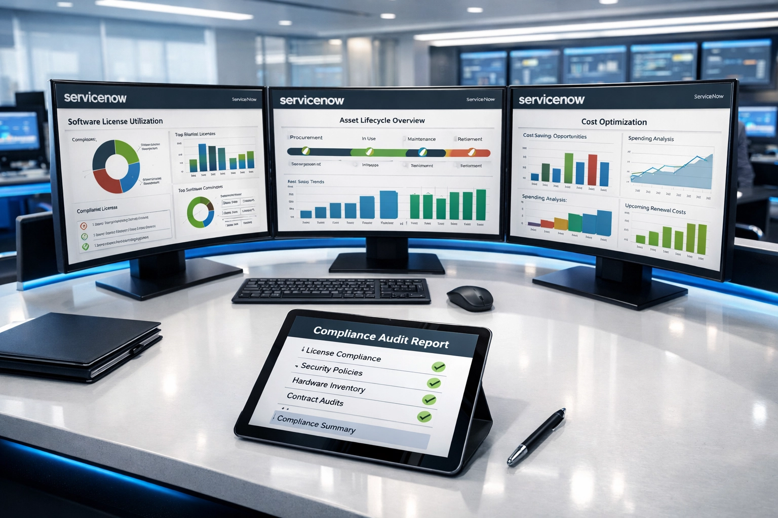 ServiceNow ITAM dashboard displaying software license optimization and compliance audit metrics