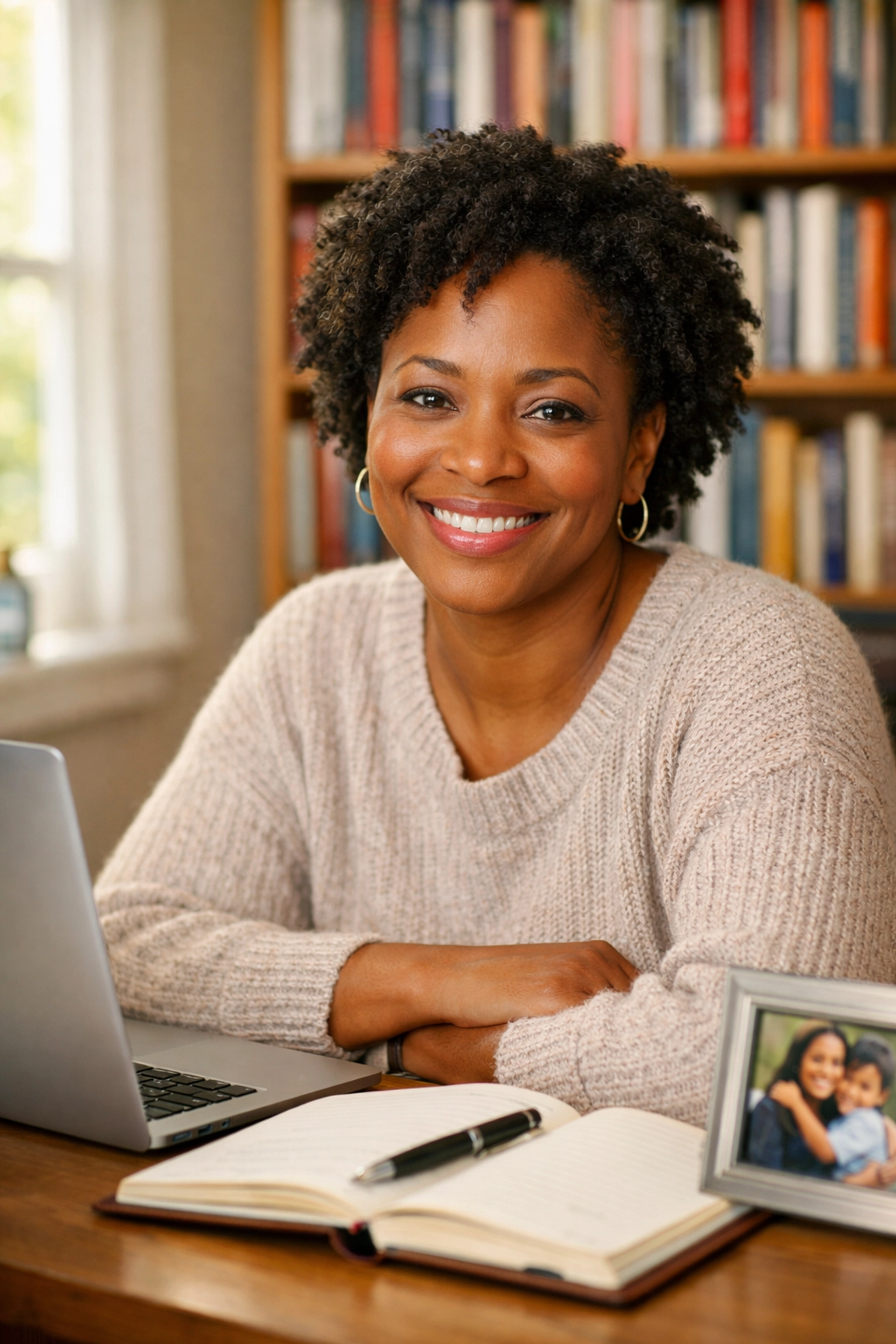Professional author at home office desk with bookshelf building authentic author brand