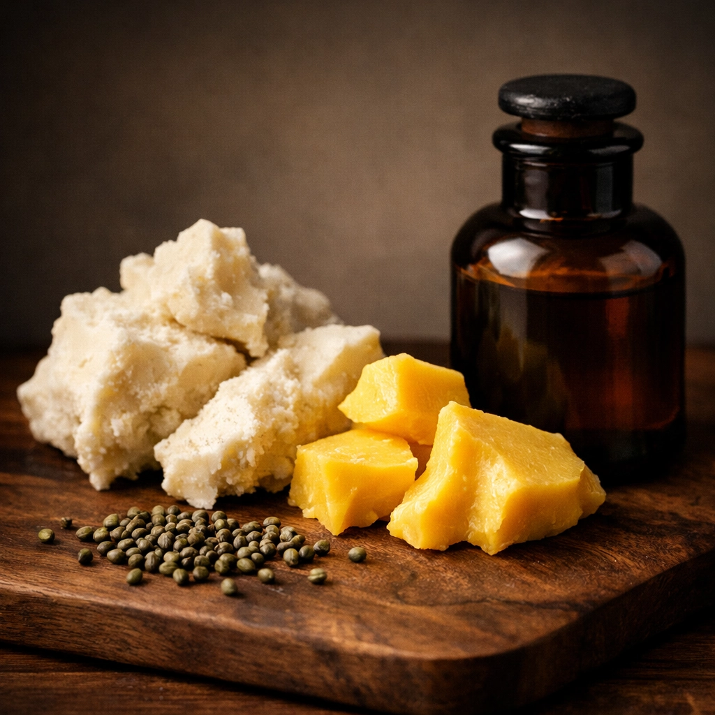 Natural beard care ingredients featuring raw shea butter, mango butter, and broccoli seeds.