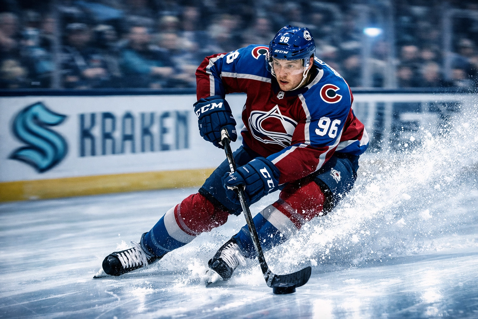 Colorado Avalanche Eishockeyspieler in Aktion mit Puck während NHL-Spiel gegen Seattle Kraken