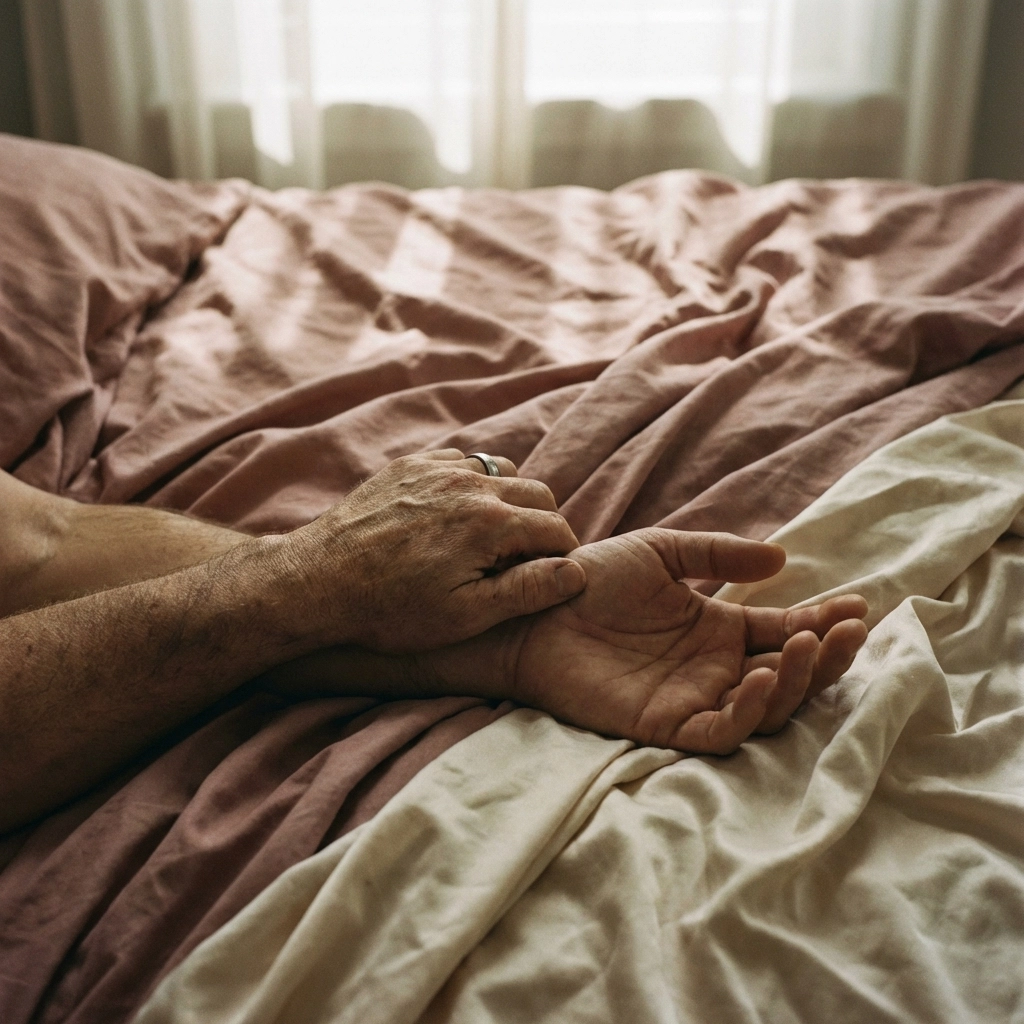 Close-up of intertwined hands on satin sheets showing intimate aftercare and kink communication.