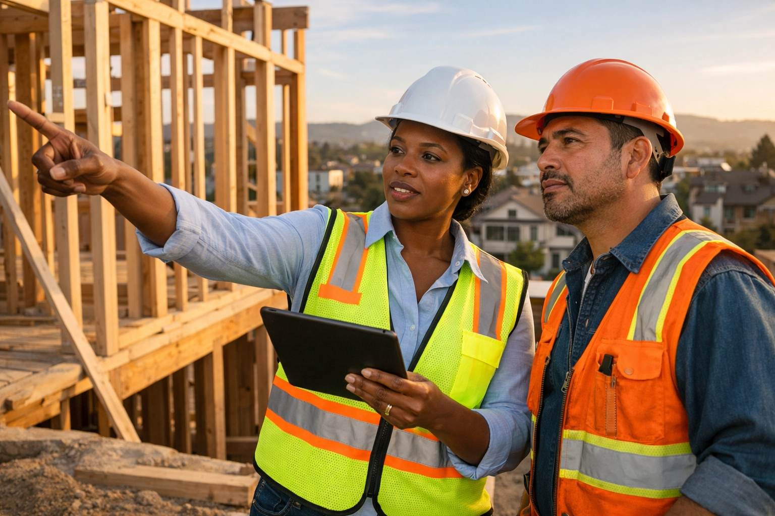 Construction project managers overseeing a new high-density housing development in the Bay Area.