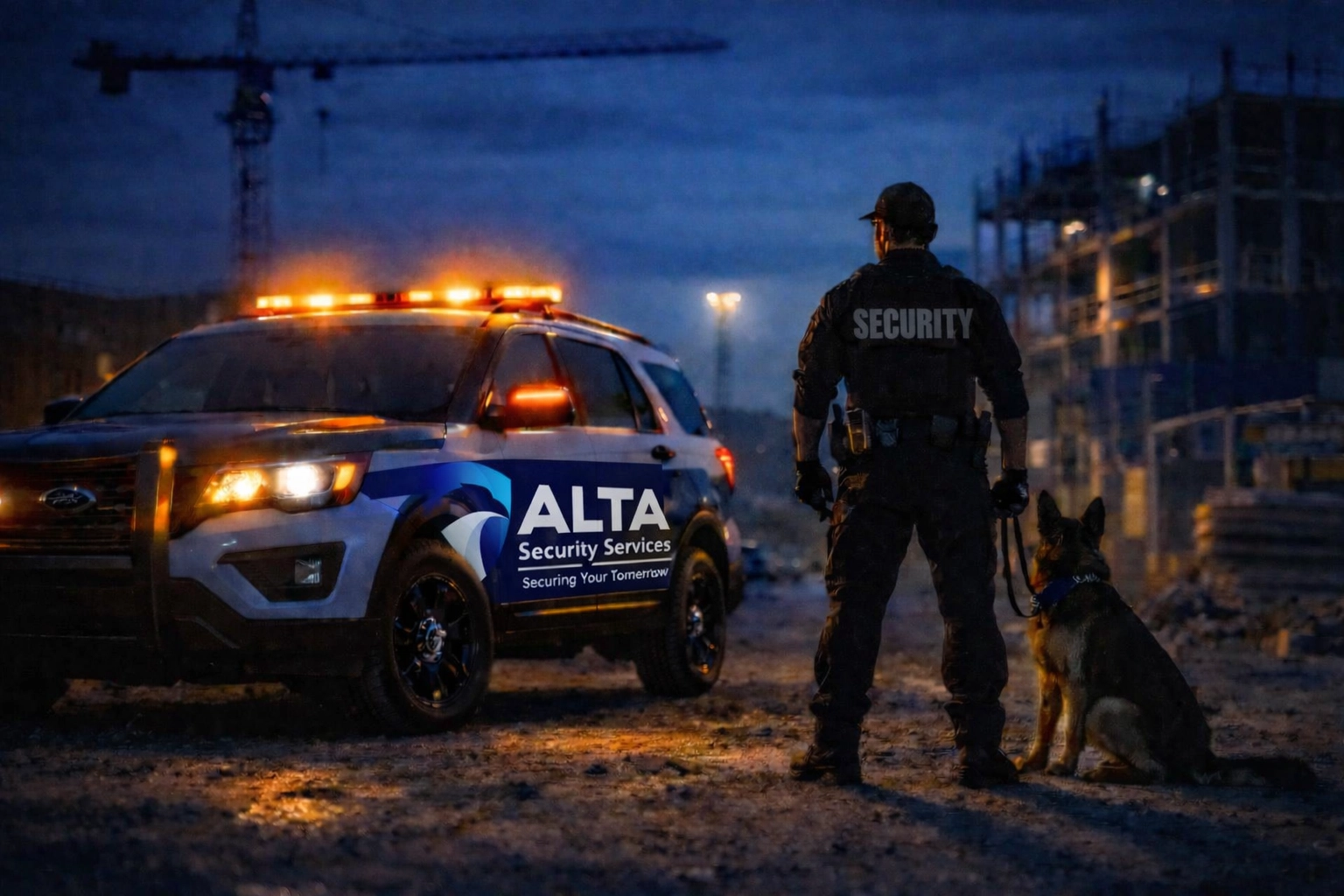 Security patrol vehicle with K9 unit providing after-hours construction site protection at dusk