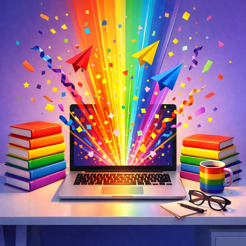 LGBTQ+ author launching books with celebration, symbolizing three months of fee-free publishing freedom