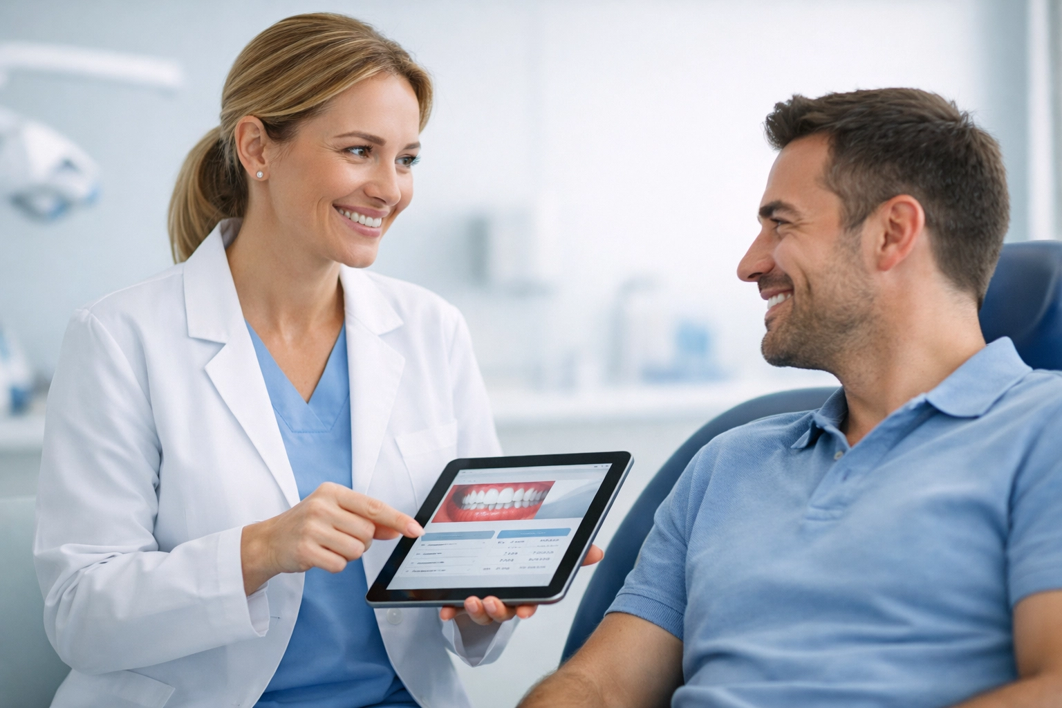 Dentist explaining treatment costs and dental insurance plans to a patient on a digital tablet.