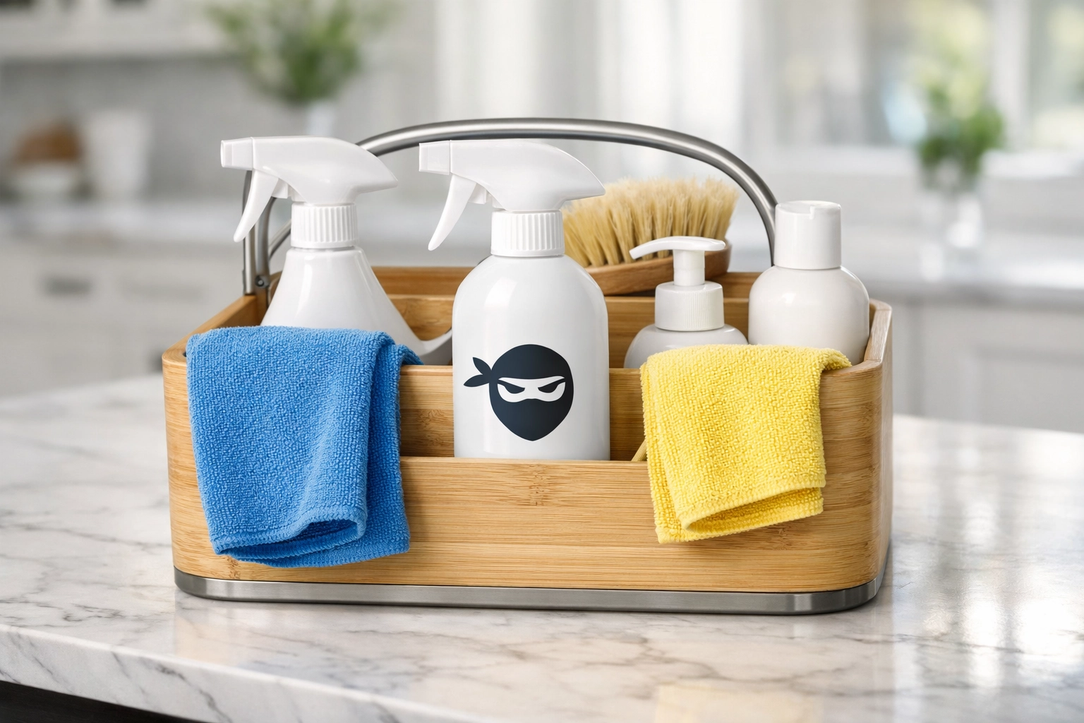 Close-up of cleaning supplies on marble, showcasing The Cleaning Ninjas standard for professional house cleaning.
