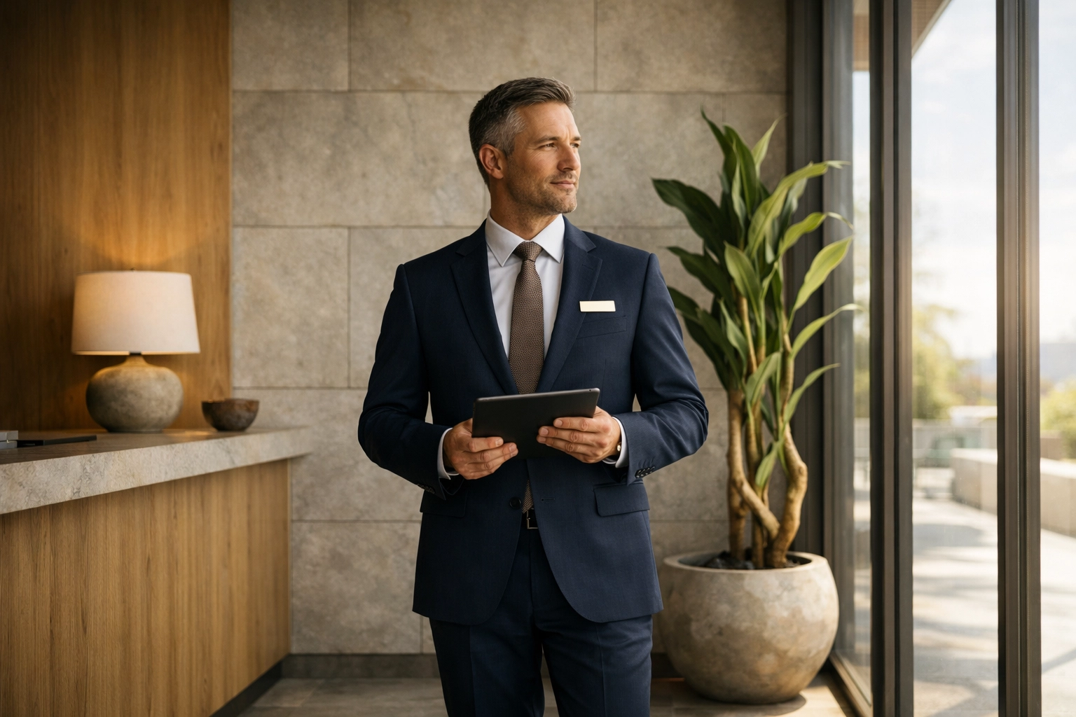Professional hotel manager using a tablet for strategic boutique hotel management in a modern lobby.