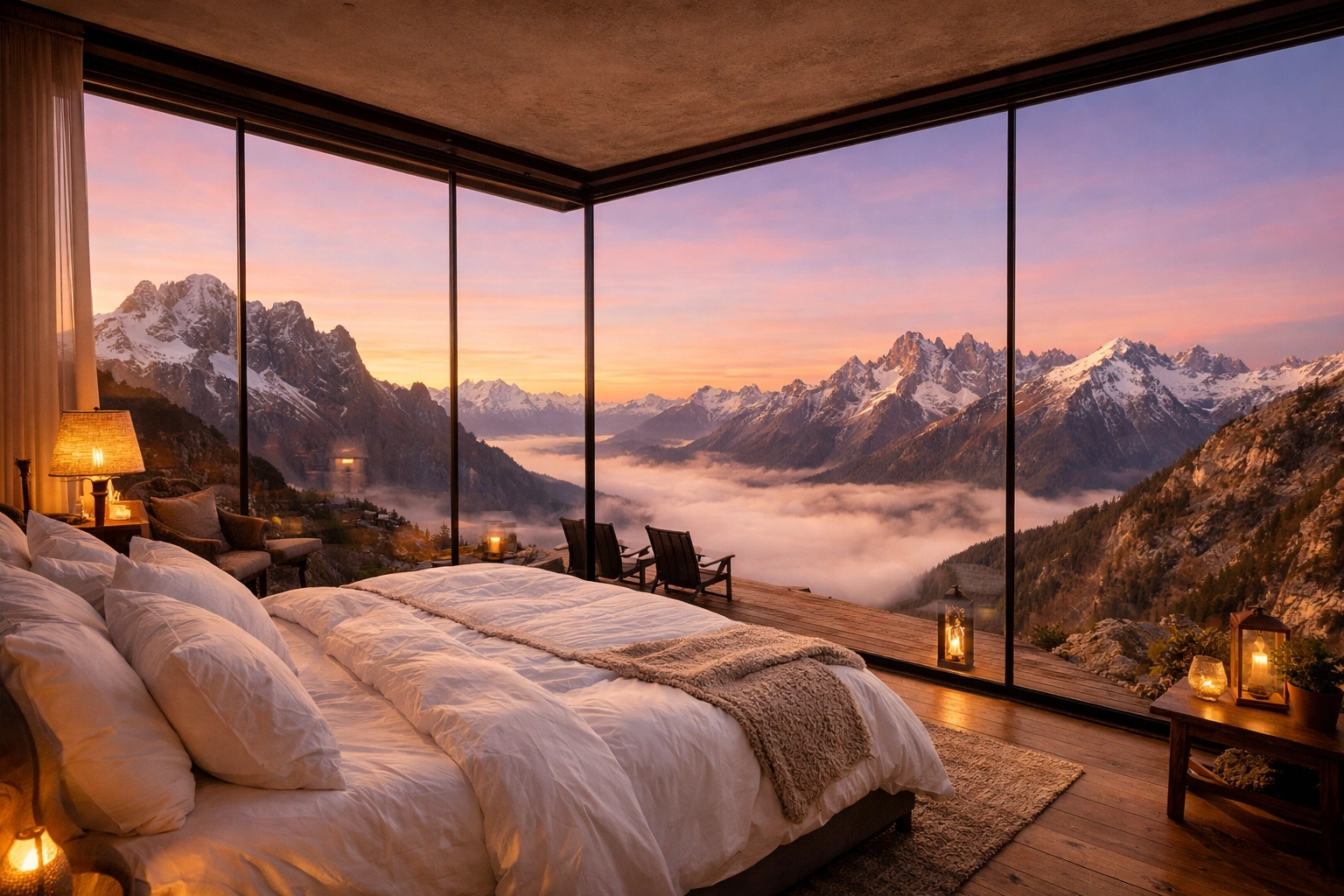 Luxury eco-suite with mountain views illustrating personalized travel experiences and adventure planning.