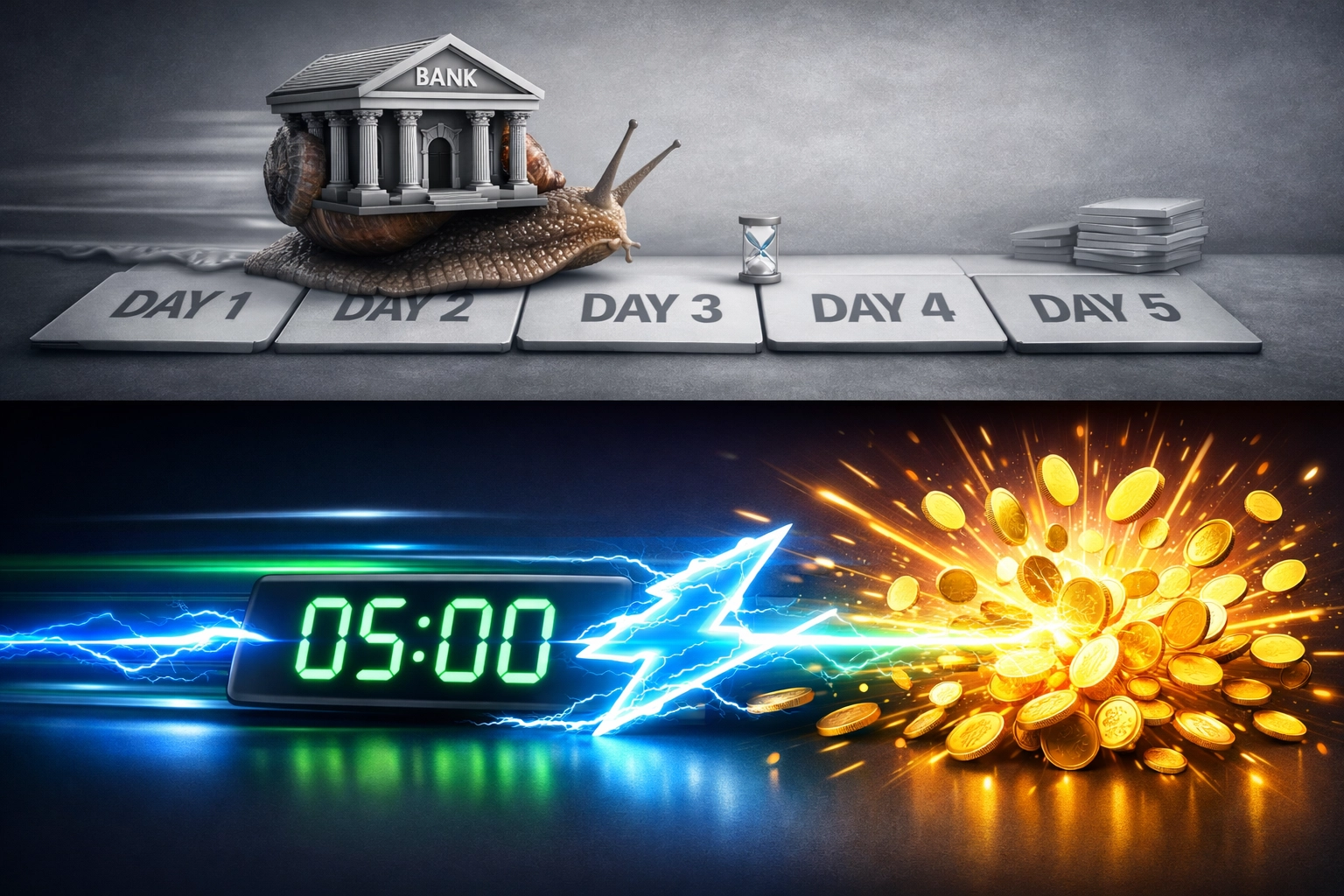 Traditional banking 5-day settlement vs LUSD stablecoin instant payment in minutes