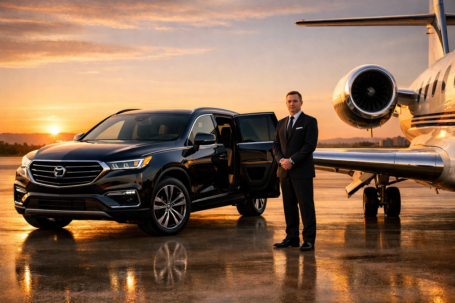 Luxury executive SUV and private jet on a tarmac, showcasing elite corporate travel management services.