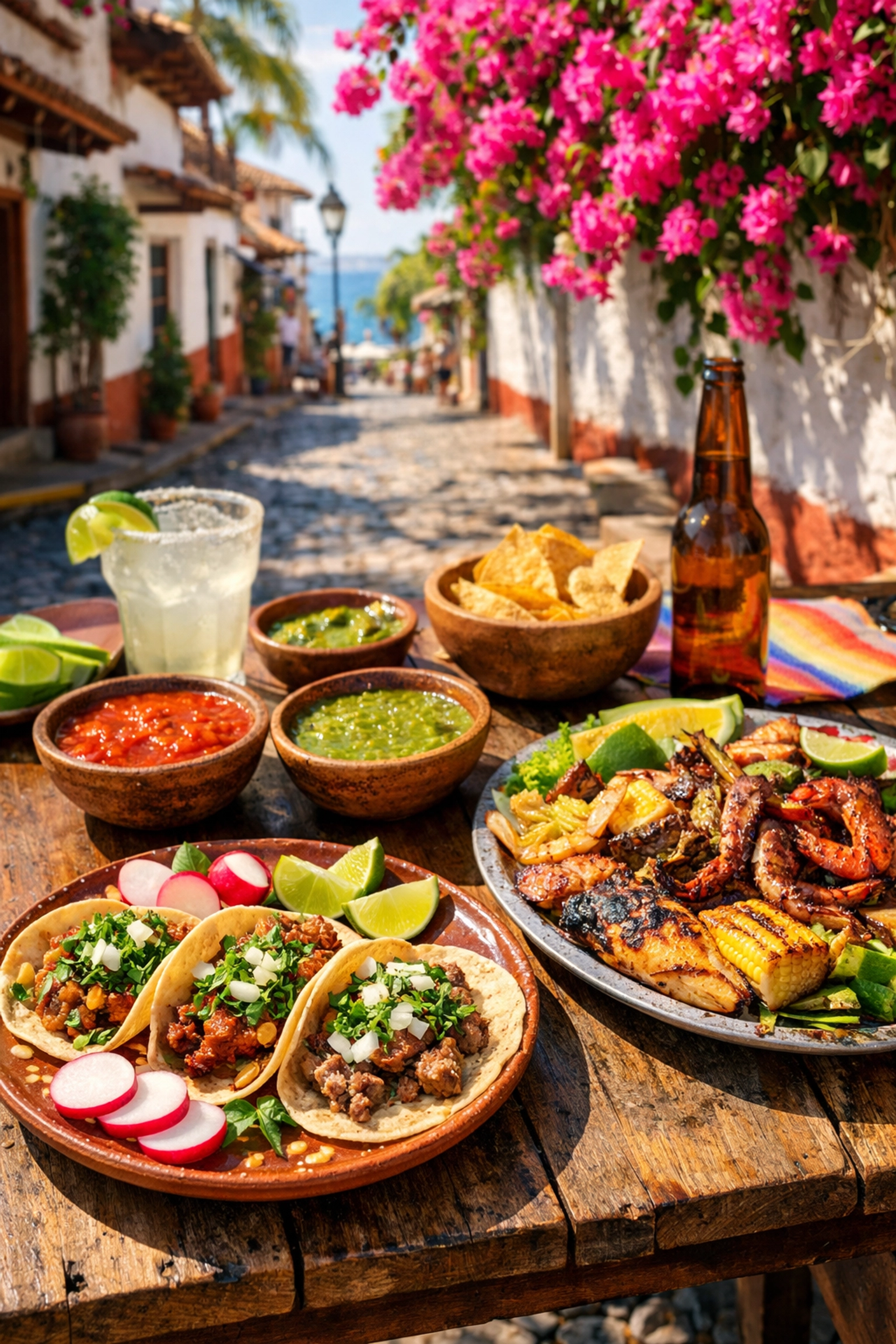 Vibrant outdoor dining in Puerto Vallarta featuring fresh street tacos and local seafood platters.