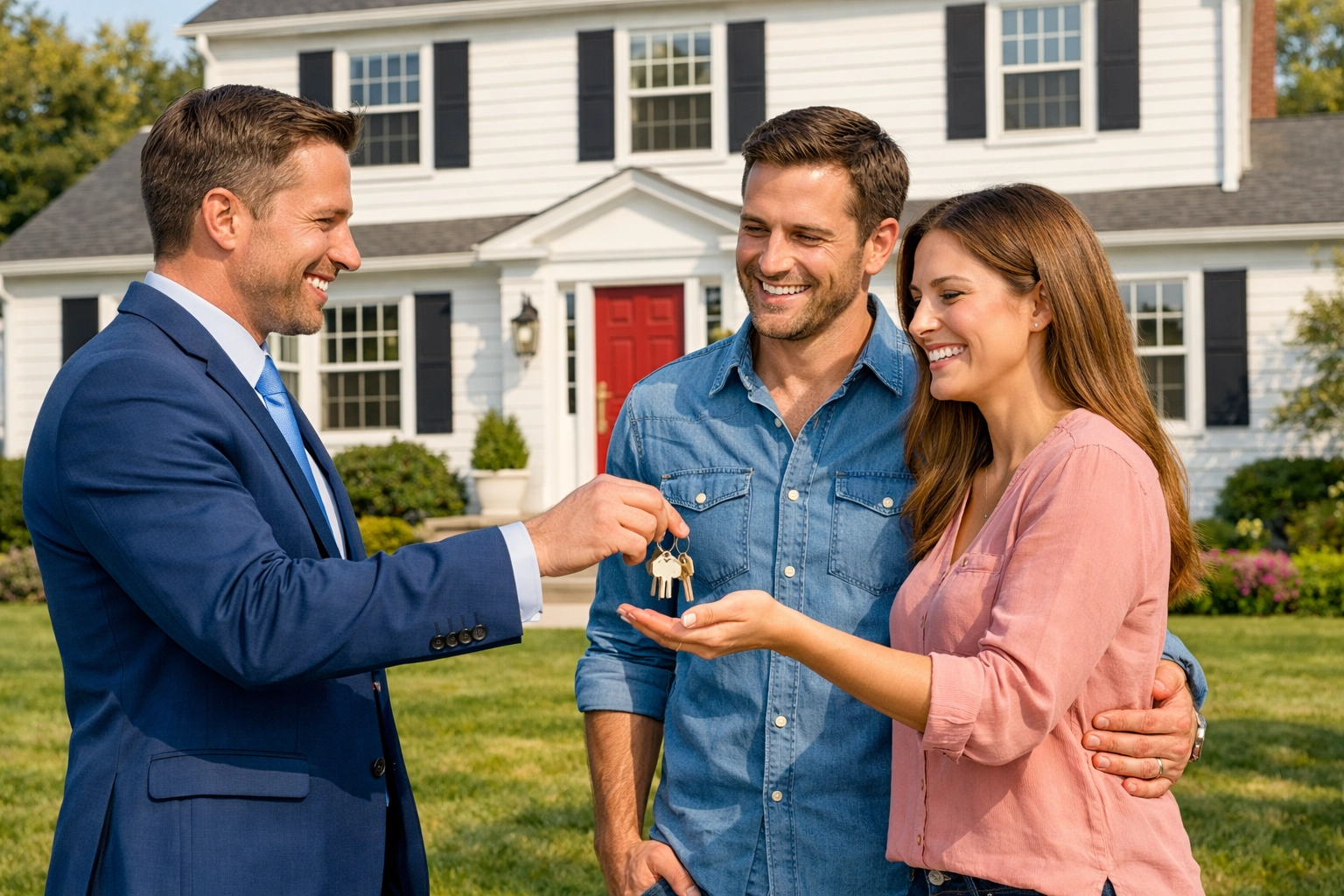 Best real estate agents in Hartford CT handing house keys to a happy couple in front of a colonial home.