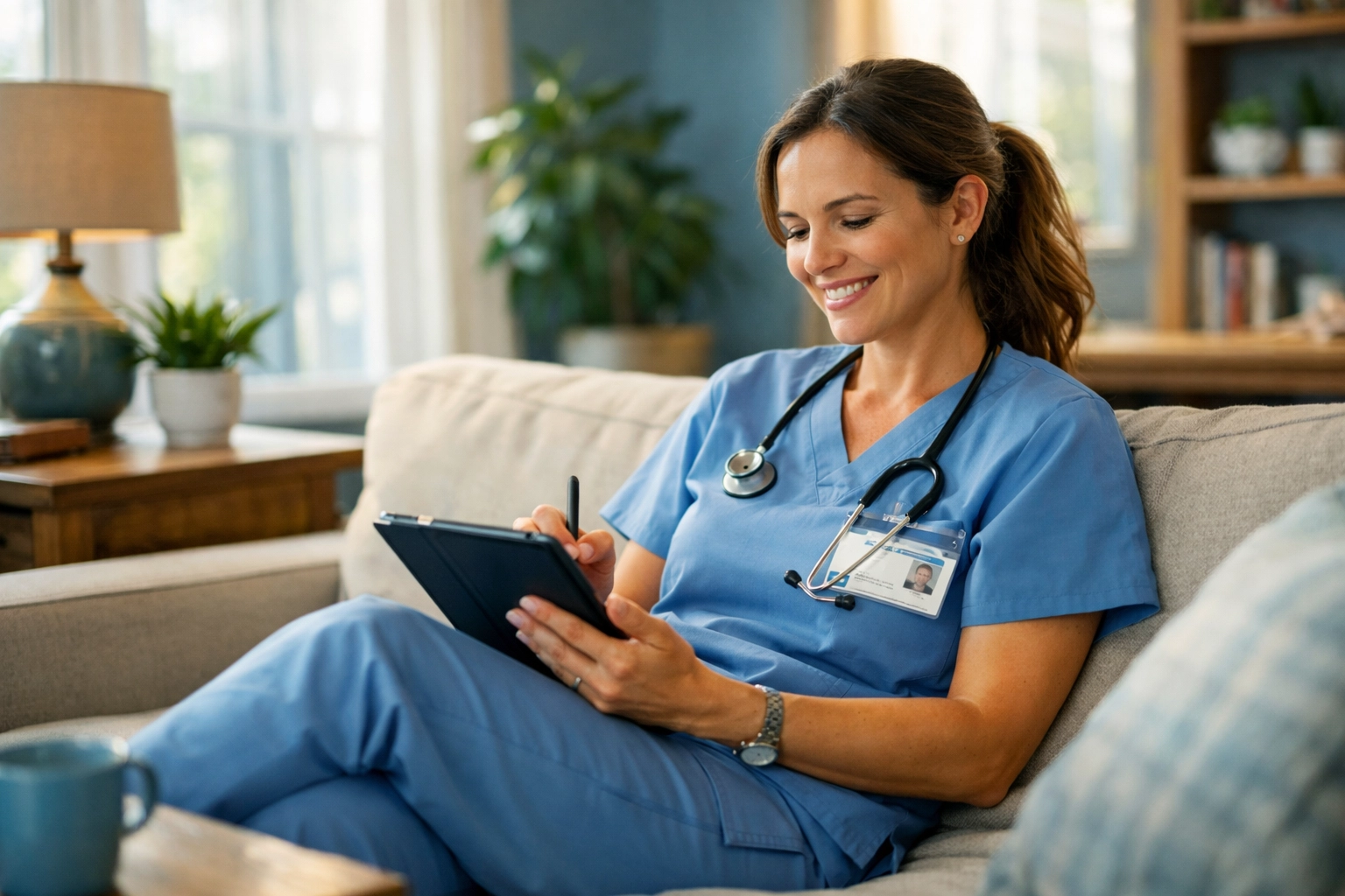 Home health nurse using mobile documentation software during patient home visit