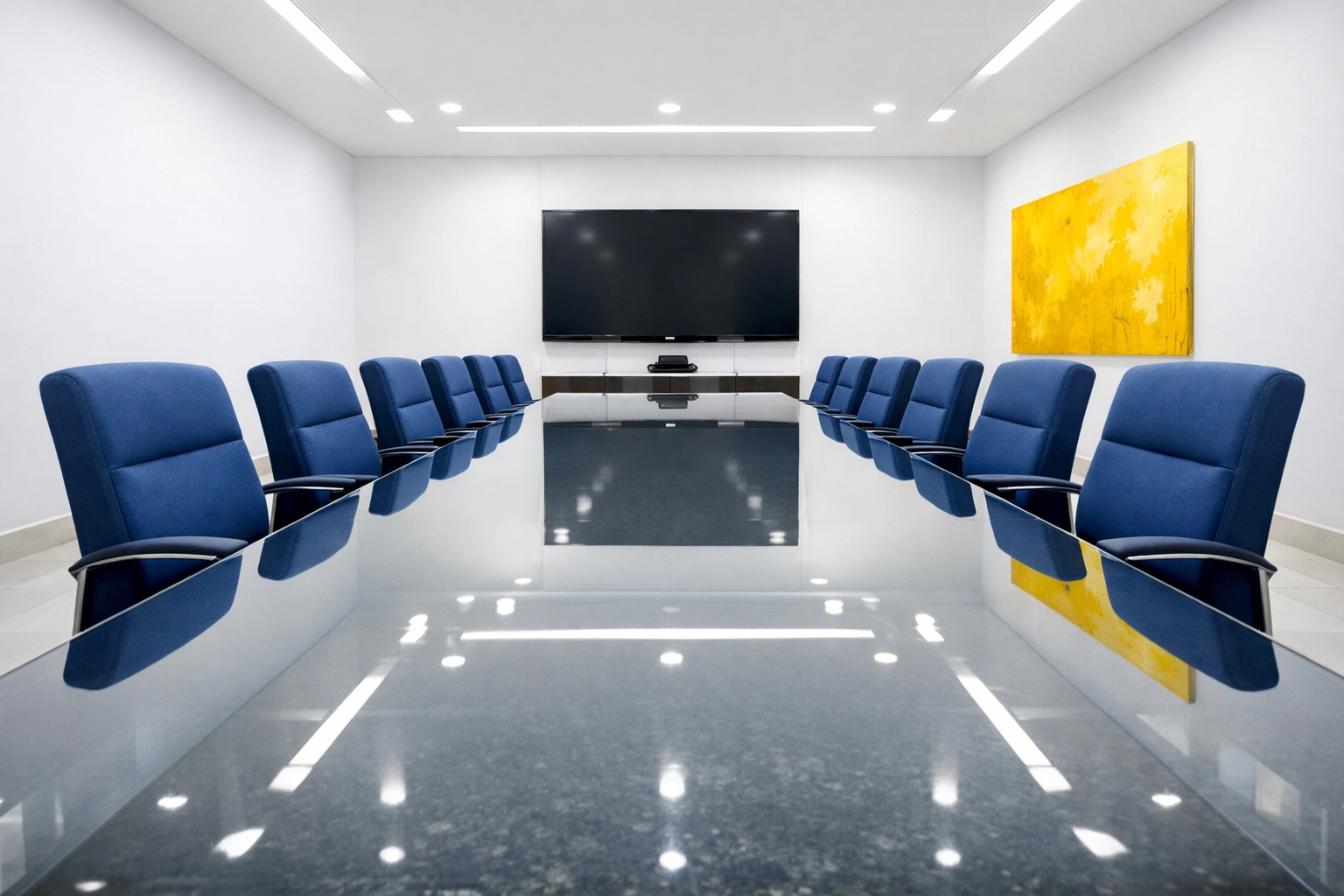 Pristine corporate conference room with polished glass table after a professional deep cleaning.