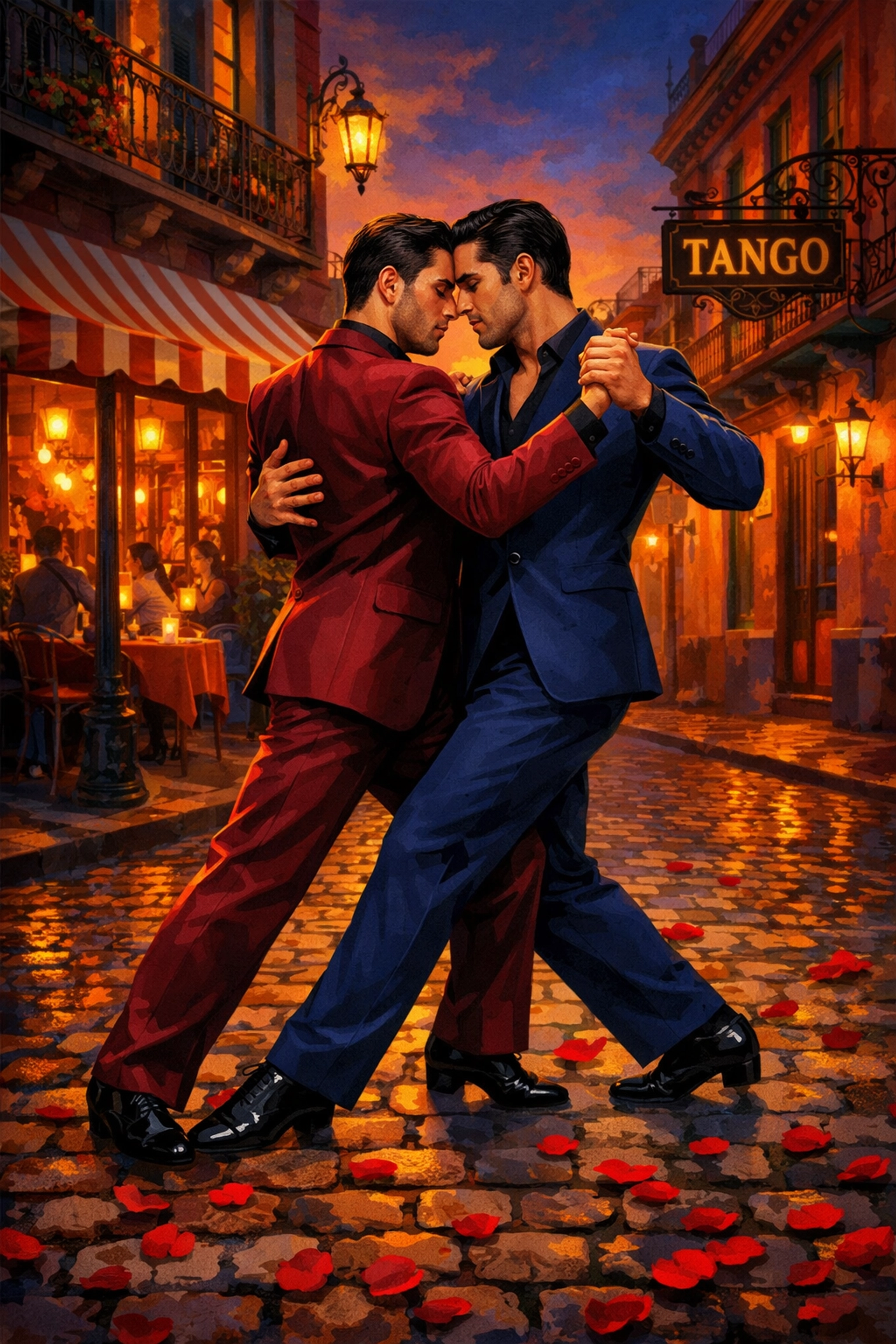 Gay tango dancers in passionate embrace on Buenos Aires street for MM dance romance