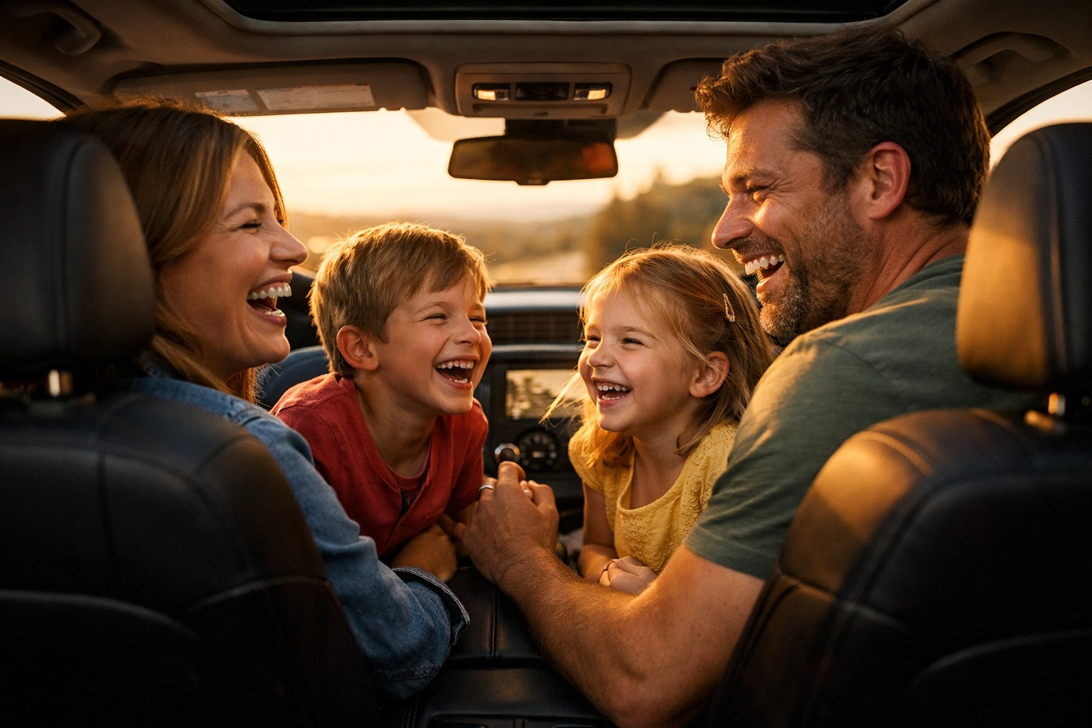 15 Funnest Family Travel Activities to Capture Genuine Emotions (Without the Tantrums) 2 A family laughing together inside an SUV, capturing genuine emotions and joy during a scenic road trip.