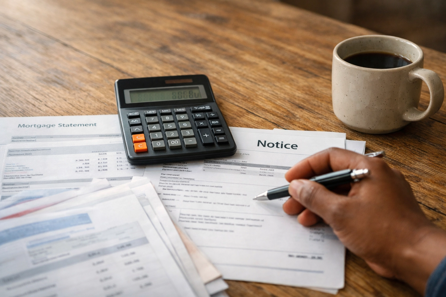 Homeowner reviewing mortgage documents and financial statements on kitchen table